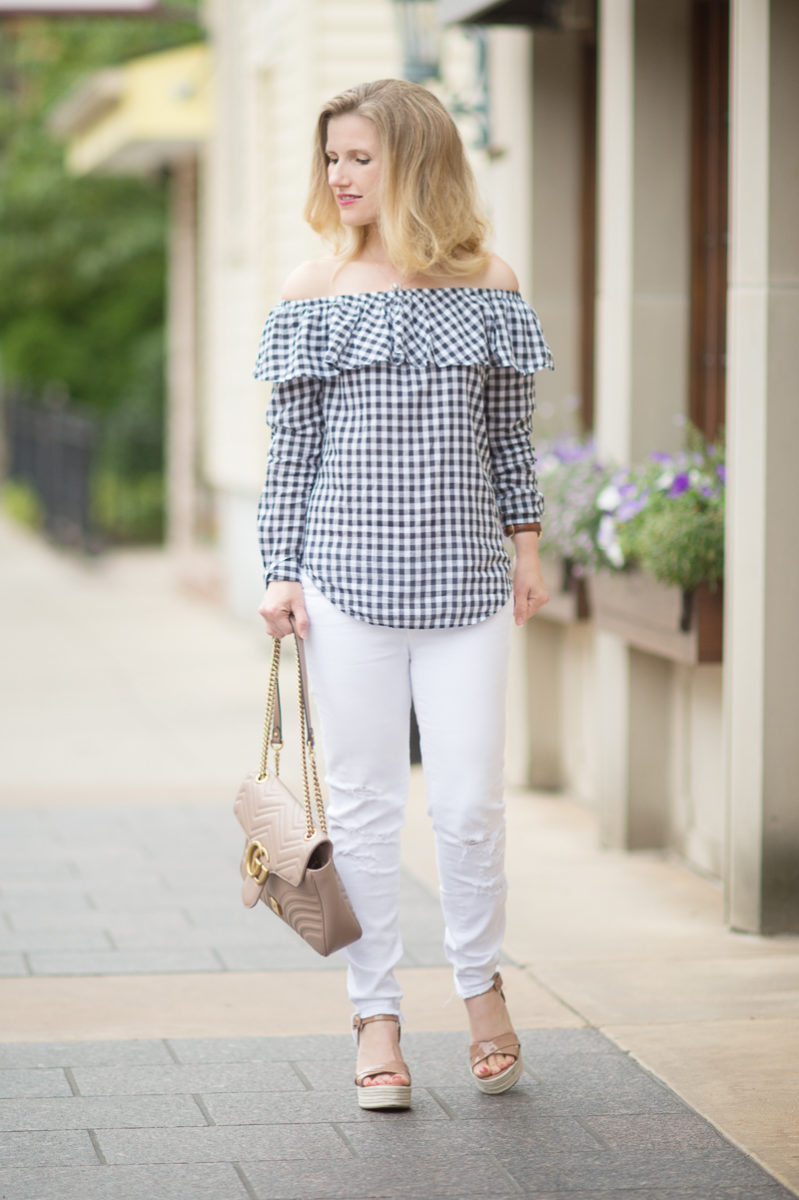 Petite Fashion and Style Blog | Gingham Off the Shoulder Top | J Brand Low Rise Crop Jeans | Sergio Rossi Maui Platform Sandals | Gucci Marmont Bag