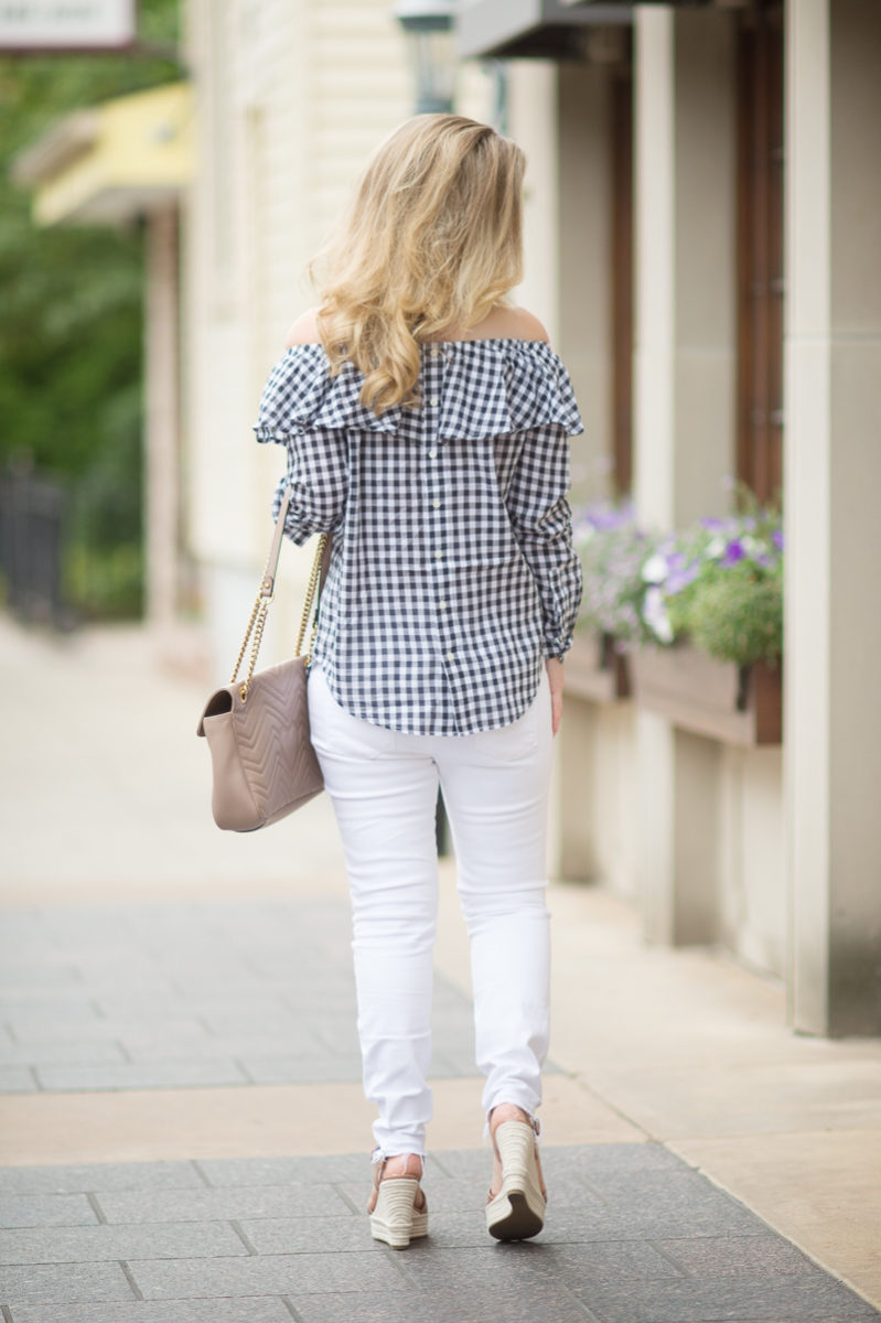 Petite Fashion and Style Blog | Gingham Off the Shoulder Top | J Brand Low Rise Crop Jeans | Sergio Rossi Maui Platform Sandals | Gucci Marmont Bag