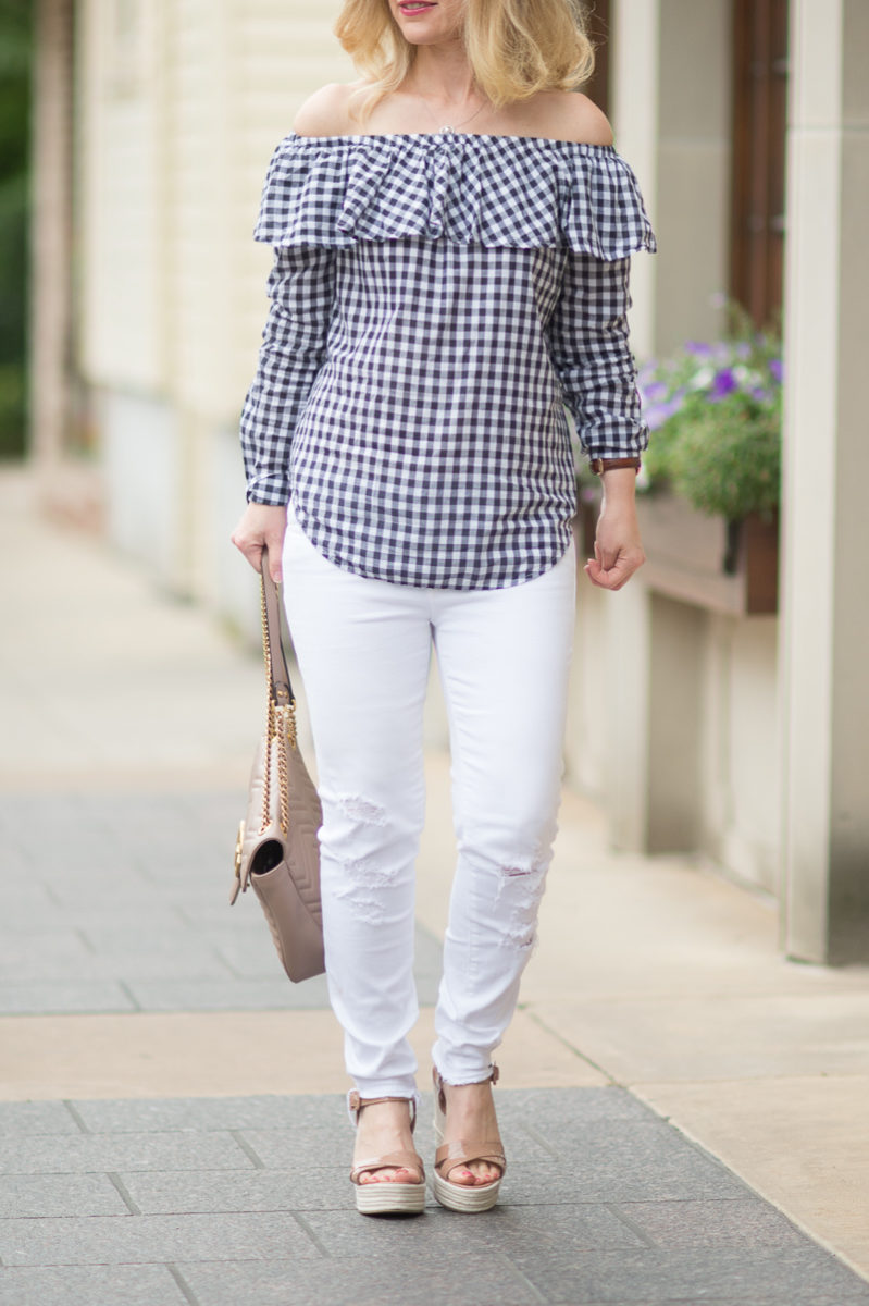 Petite Fashion and Style Blog | Gingham Off the Shoulder Top | J Brand Low Rise Crop Jeans | Sergio Rossi Maui Platform Sandals | Gucci Marmont Bag
