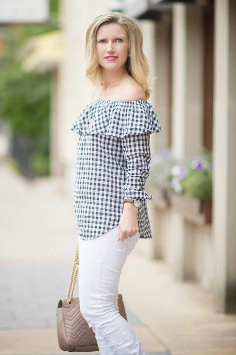 Petite Fashion and Style Blog | Gingham Off the Shoulder Top | J Brand Low Rise Crop Jeans | Sergio Rossi Maui Platform Sandals | Gucci Marmont Bag
