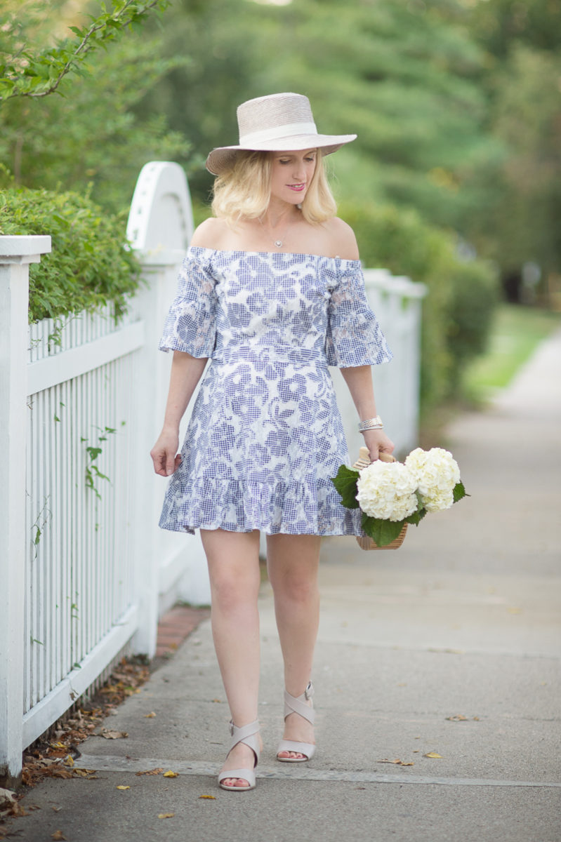 Petite Fashion and Style Blog | J.O.A Floral Lace off the Shoulder Dress | Cult Gaia Gaia's Ark Bag | Janessa Leone hat | Click to Read More...