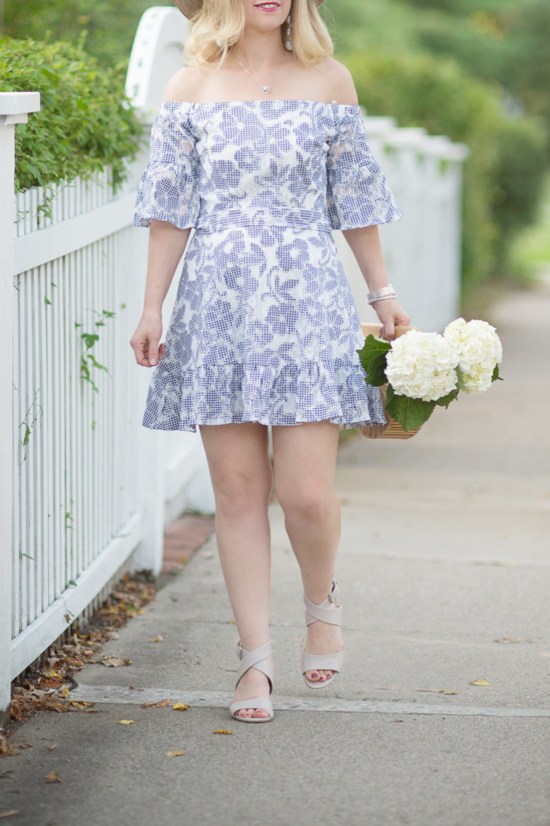 Petite Fashion and Style Blog | J.O.A Floral Lace off the Shoulder Dress | Cult Gaia Gaia's Ark Bag | Janessa Leone hat | Click to Read More...