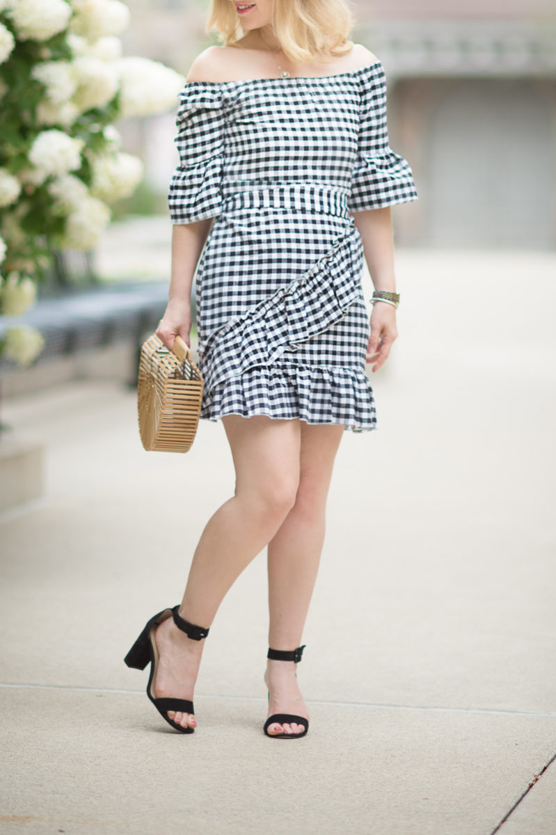 Petite Fashion and Style Blog | Pretty Little Thing Sandy Black Gingham Bardot Dress | Sole Society Straw Boater Hat | Cult Gaia Gaia's Ark Bag | Ann Taylor Leda Heels