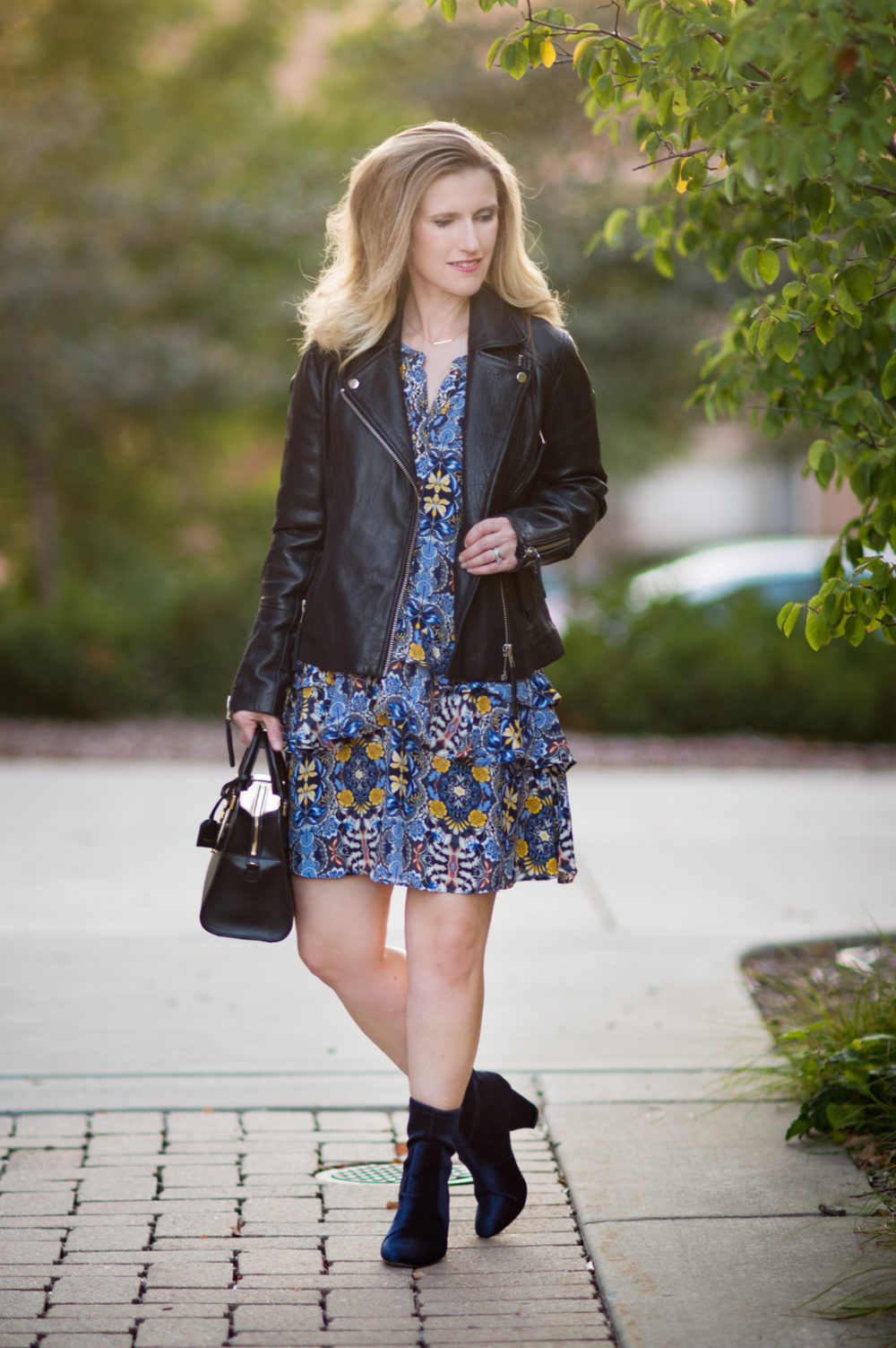 Petite Fashion and Style Blog | Loft Autumn Dream Shirtdress | Black Leather Moto Jacket | Ann Taylor Larissa Velvet Stretch Booties | Click to Read More... - 4 Of My Favorite Fall Trends by popular Michigan petite fashion blogger The Blue Hydrangeas