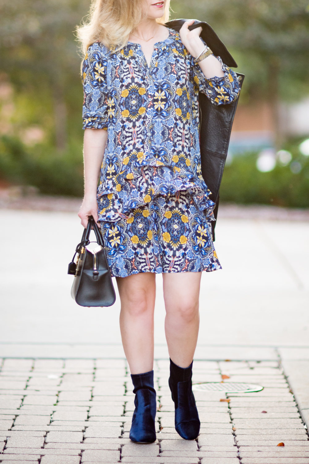 Petite Fashion and Style Blog | Loft Autumn Dream Shirtdress | Black Leather Moto Jacket | Ann Taylor Larissa Velvet Stretch Booties | Click to Read More... - 4 Of My Favorite Fall Trends by popular Michigan petite fashion blogger The Blue Hydrangeas