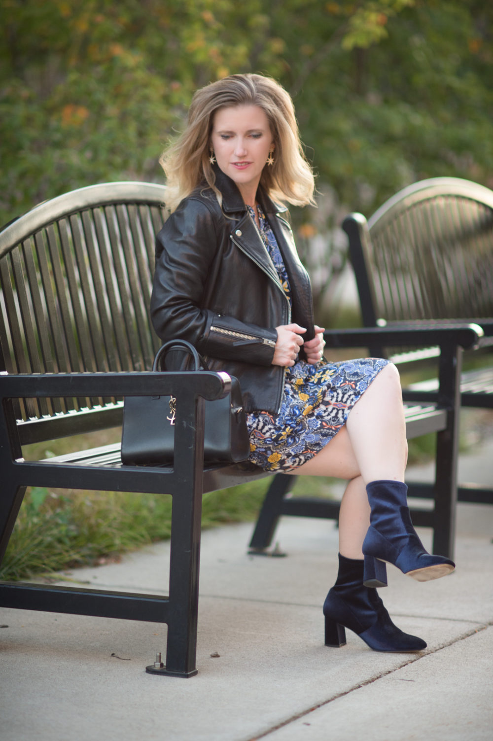 Petite Fashion and Style Blog | Loft Autumn Dream Shirtdress | Black Leather Moto Jacket | Ann Taylor Larissa Velvet Stretch Booties | Click to Read More... - 4 Of My Favorite Fall Trends by popular Michigan petite fashion blogger The Blue Hydrangeas