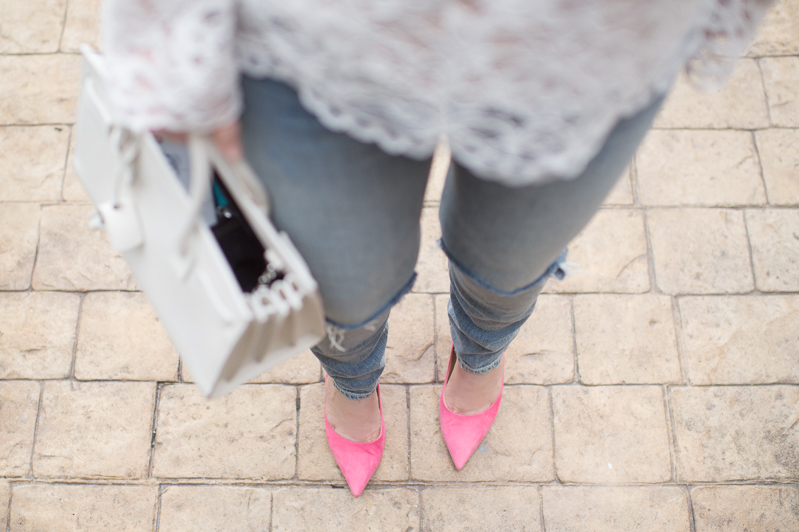 Petite Fashion and Style Blog | WAYF Women's Lydia Lace Ruffle Trim Blouse | X Revolve Petite Naomi High-Rise Jean | YSL Baby Sac du Jour | Click to Read More...