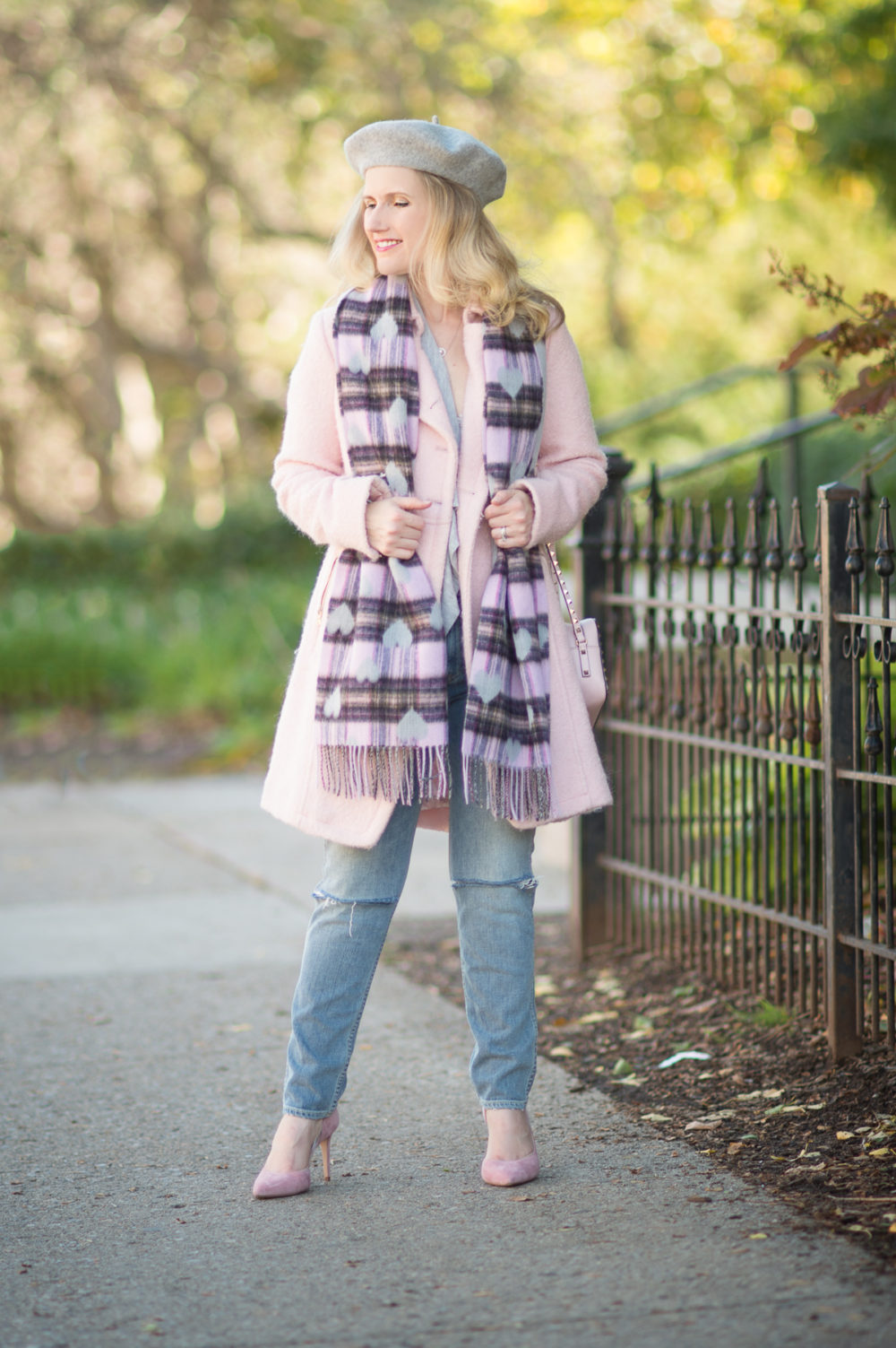 Petite Fashion and Style Blog | Talbots Fringed Heart and Plaid Wrap | Guess Double Breasted Wool Blend Coat | Grlfrnd Petite Nami High Rise Jeans | Click to Read More...