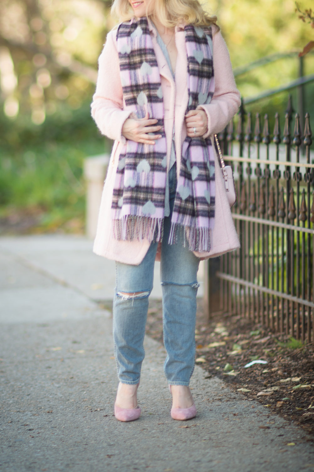 Petite Fashion and Style Blog | Talbots Fringed Heart and Plaid Wrap | Guess Double Breasted Wool Blend Coat | Grlfrnd Petite Nami High Rise Jeans | Click to Read More...