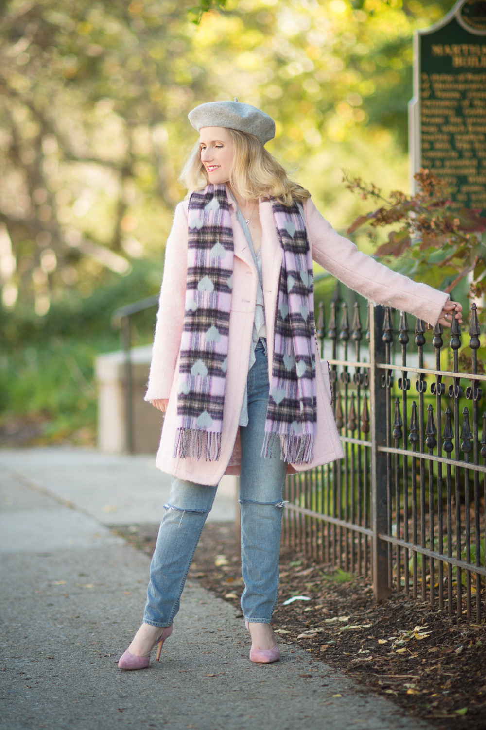 Petite Fashion and Style Blog | Talbots Fringed Heart and Plaid Wrap | Guess Double Breasted Wool Blend Coat | Grlfrnd Petite Nami High Rise Jeans | Click to Read More...