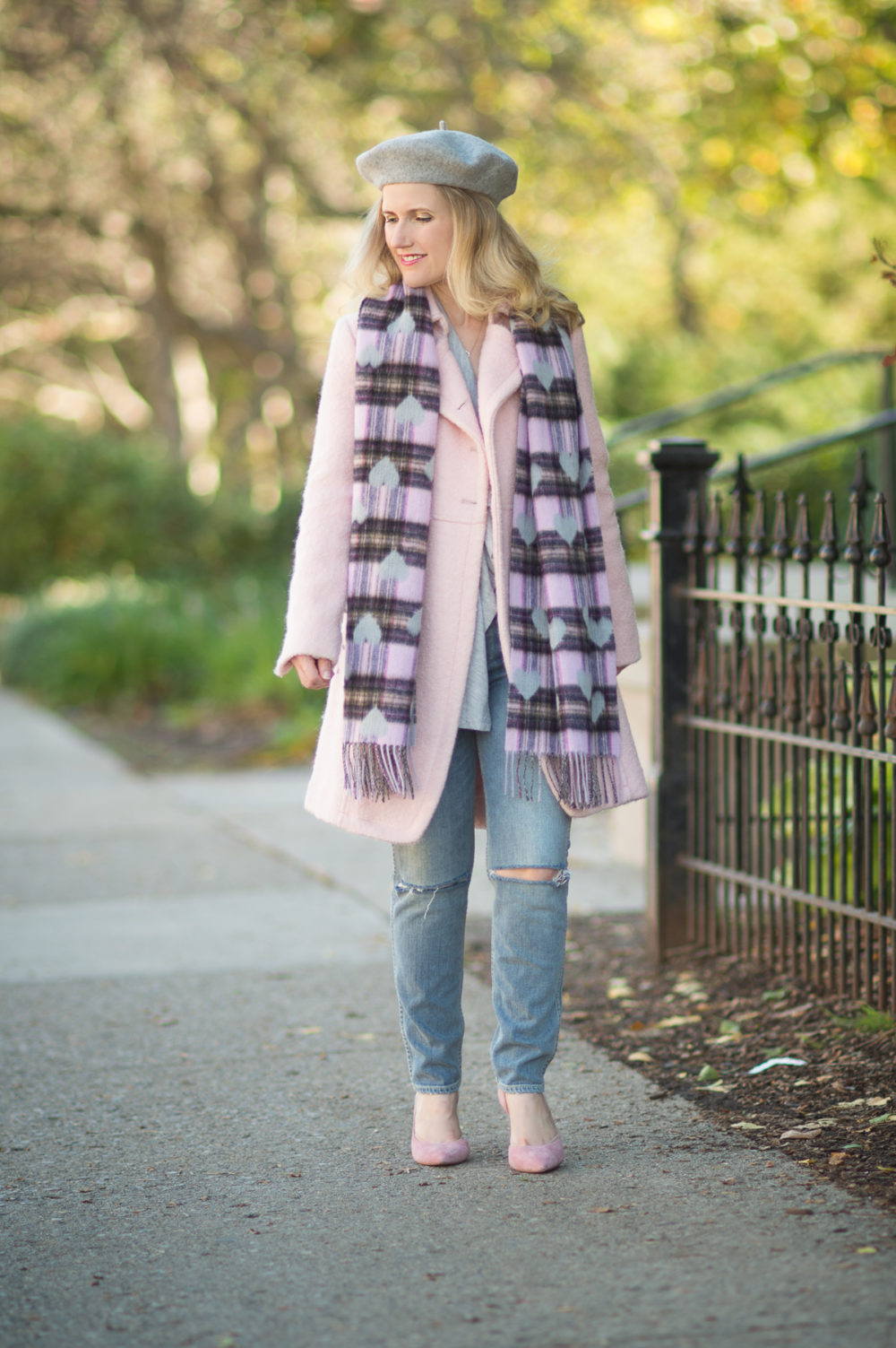 Petite Fashion and Style Blog | Talbots Fringed Heart and Plaid Wrap | Guess Double Breasted Wool Blend Coat | Grlfrnd Petite Nami High Rise Jeans | Click to Read More...
