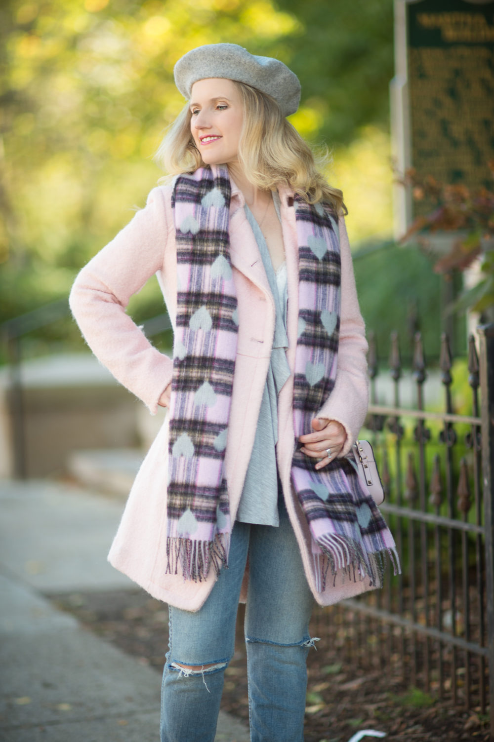 Petite Fashion and Style Blog | Talbots Fringed Heart and Plaid Wrap | Guess Double Breasted Wool Blend Coat | Grlfrnd Petite Nami High Rise Jeans | Click to Read More...