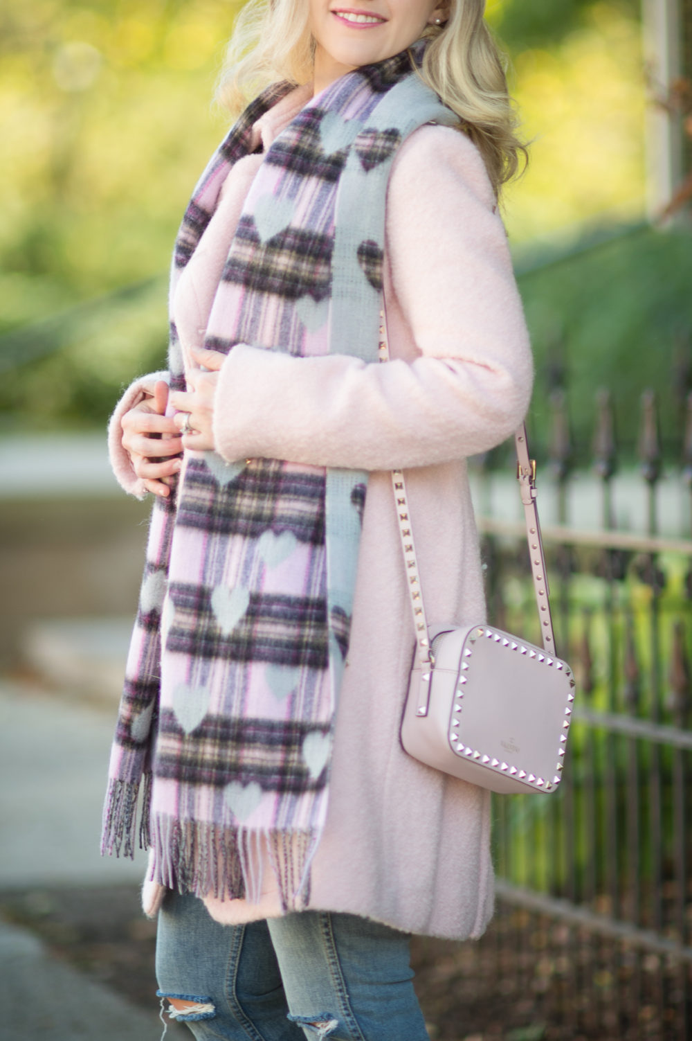 Petite Fashion and Style Blog | Talbots Fringed Heart and Plaid Wrap | Guess Double Breasted Wool Blend Coat | Grlfrnd Petite Nami High Rise Jeans | Click to Read More...