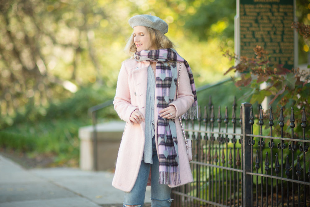 Petite Fashion and Style Blog | Talbots Fringed Heart and Plaid Wrap | Guess Double Breasted Wool Blend Coat | Grlfrnd Petite Nami High Rise Jeans | Click to Read More...
