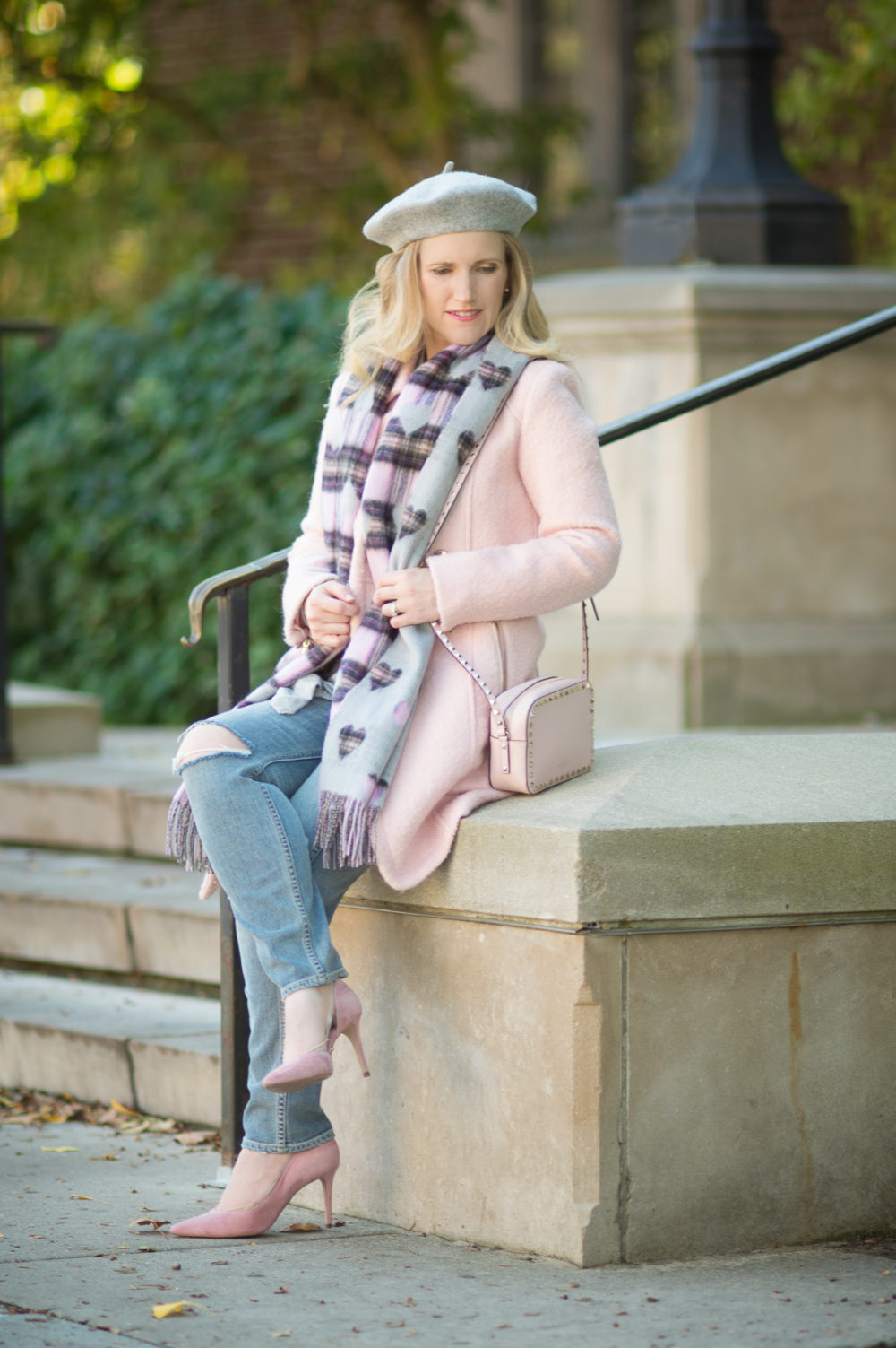 Petite Fashion and Style Blog | Talbots Fringed Heart and Plaid Wrap | Guess Double Breasted Wool Blend Coat | Grlfrnd Petite Nami High Rise Jeans | Click to Read More...