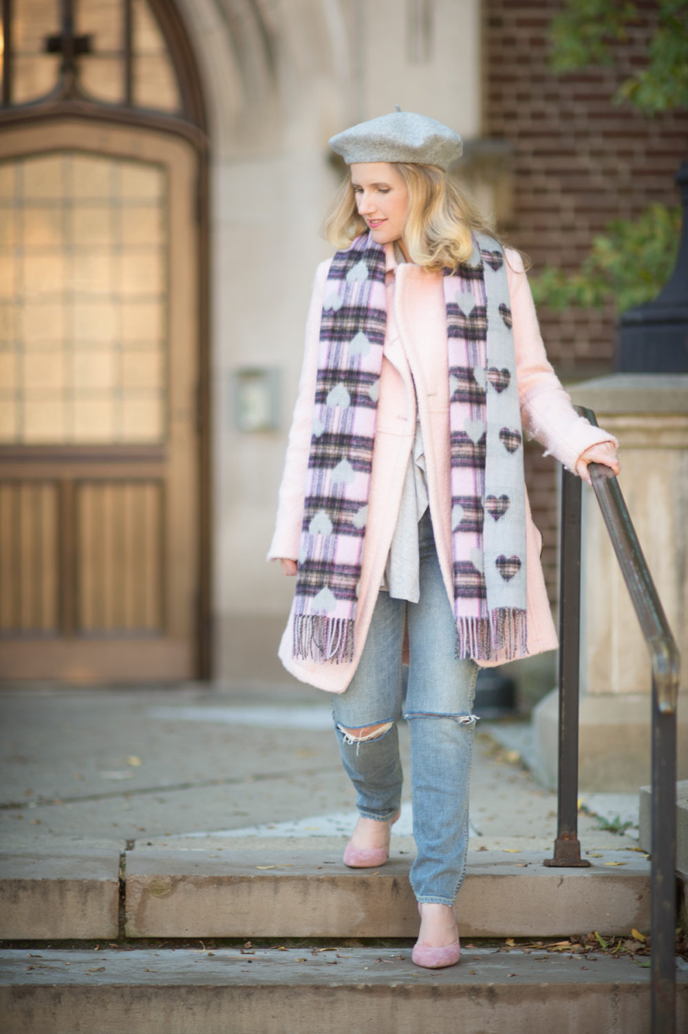 Petite Fashion and Style Blog | Talbots Fringed Heart and Plaid Wrap | Guess Double Breasted Wool Blend Coat | Grlfrnd Petite Nami High Rise Jeans | Click to Read More...