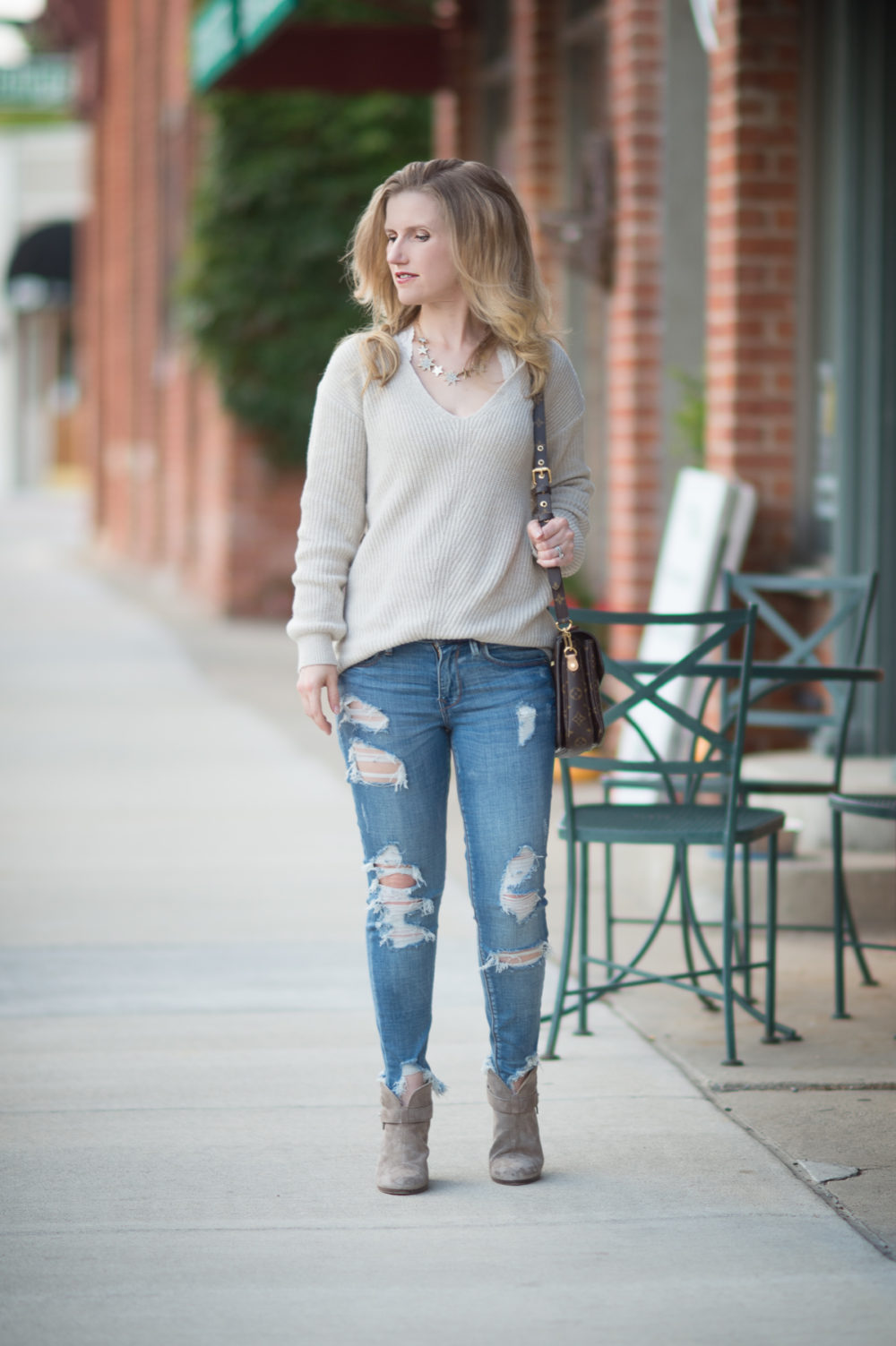 Petite Fashion and Style Blog | BP V. Neck Sweater | Express Mid Rise Distressed Performance Ankle Jeans | Rag and Bone Harrow Boots | Click to Read More... - 8 Fall Sweaters Under $50 by popular Michigan petite fashion blogger The Blue Hydrangeas