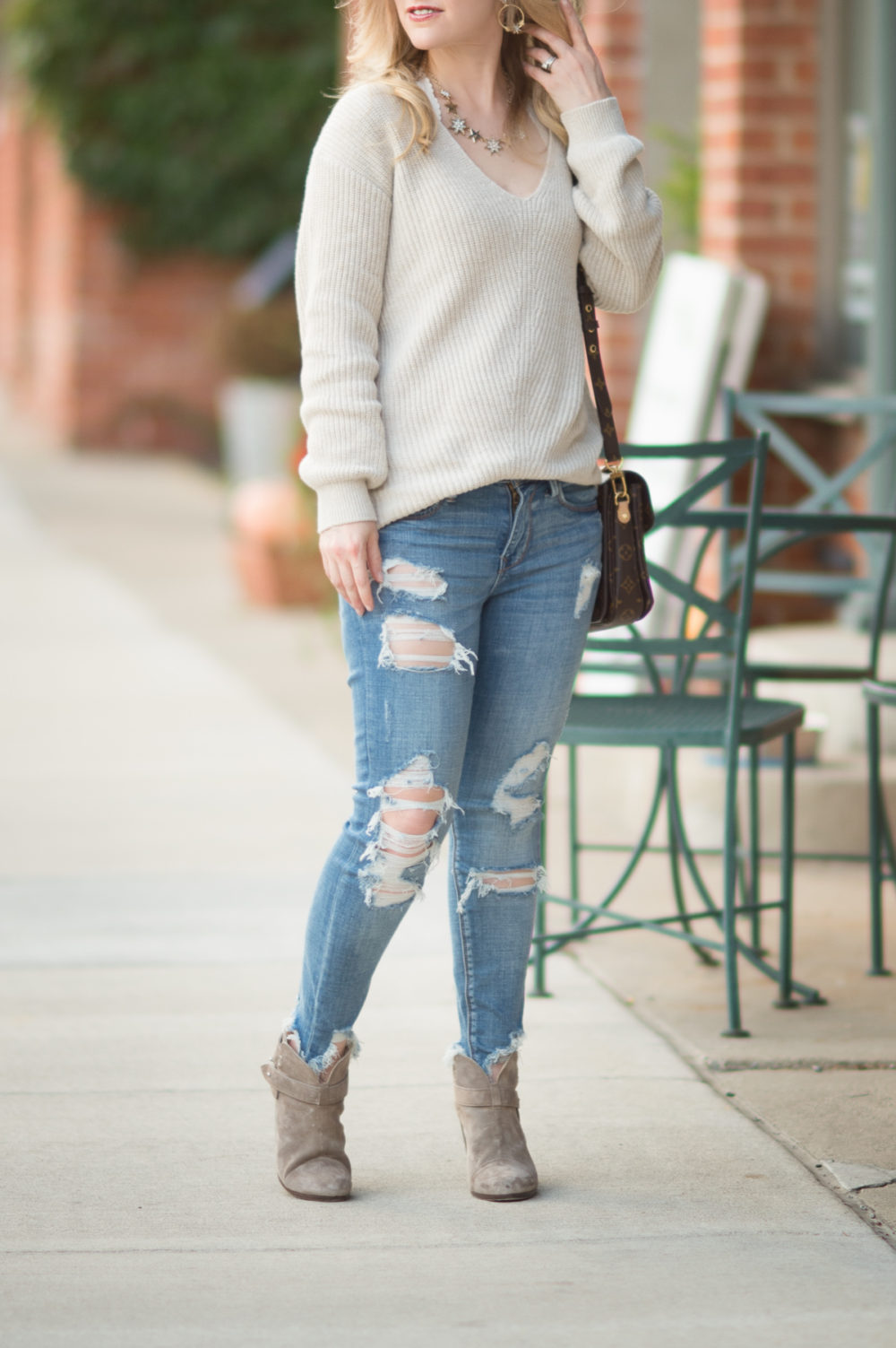Petite Fashion and Style Blog | BP V. Neck Sweater | Express Mid Rise Distressed Performance Ankle Jeans | Rag and Bone Harrow Boots | Click to Read More... - 8 Fall Sweaters Under $50 by popular Michigan petite fashion blogger The Blue Hydrangeas