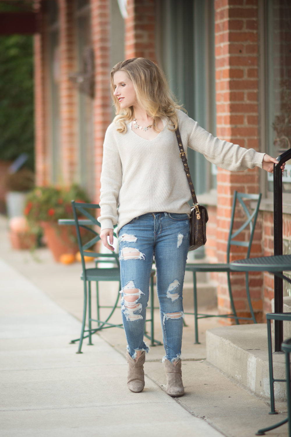 Petite Fashion and Style Blog | BP V. Neck Sweater | Express Mid Rise Distressed Performance Ankle Jeans | Rag and Bone Harrow Boots | Click to Read More... - 8 Fall Sweaters Under $50 by popular Michigan petite fashion blogger The Blue Hydrangeas
