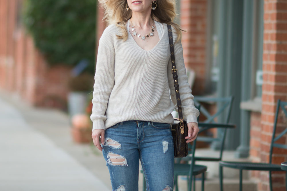 Petite Fashion and Style Blog | BP V. Neck Sweater | Express Mid Rise Distressed Performance Ankle Jeans | Rag and Bone Harrow Boots | Click to Read More... - 8 Fall Sweaters Under $50 by popular Michigan petite fashion blogger The Blue Hydrangeas