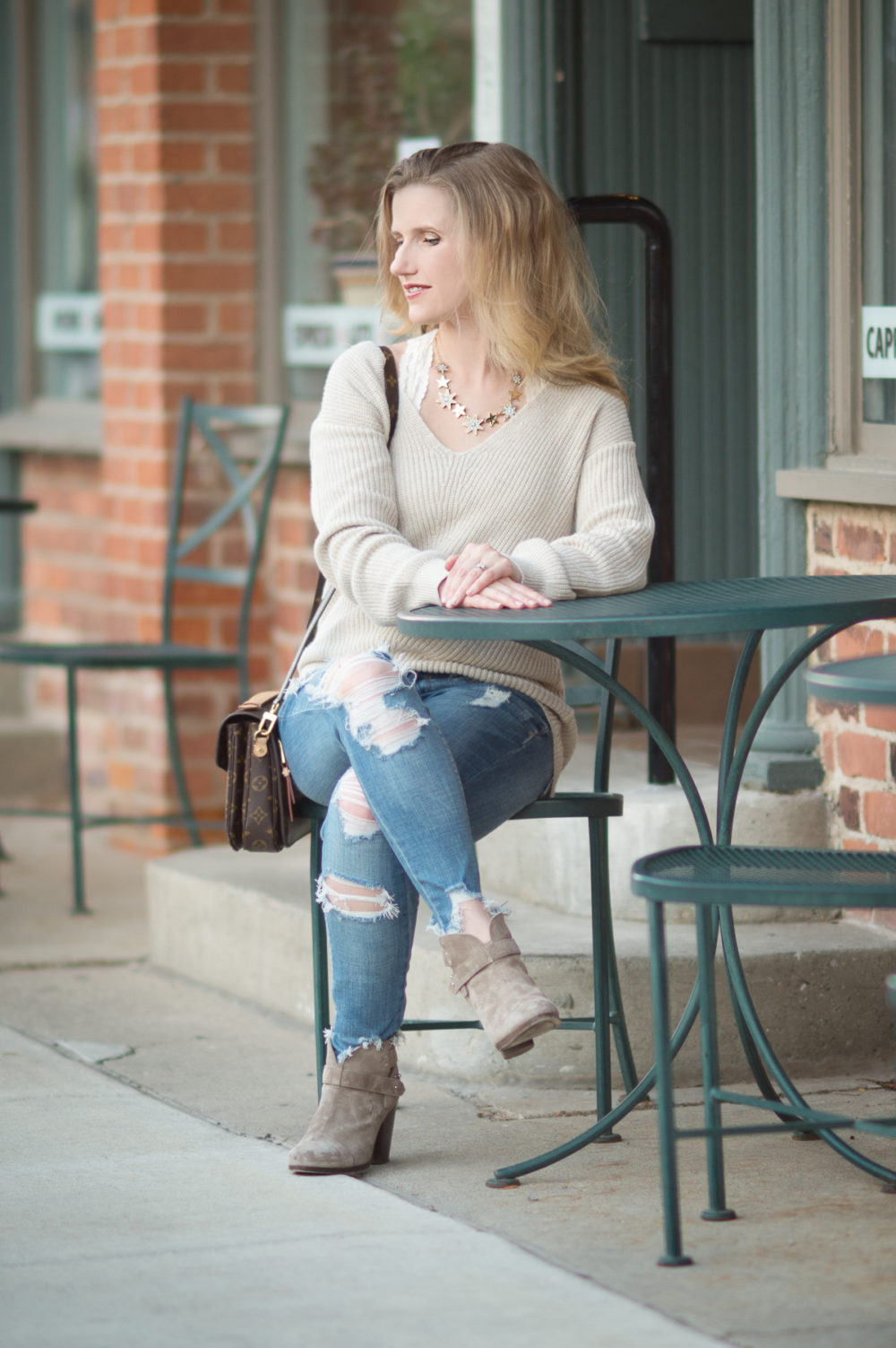 Petite Fashion and Style Blog | BP V. Neck Sweater | Express Mid Rise Distressed Performance Ankle Jeans | Rag and Bone Harrow Boots | Click to Read More... - 8 Fall Sweaters Under $50 by popular Michigan petite fashion blogger The Blue Hydrangeas