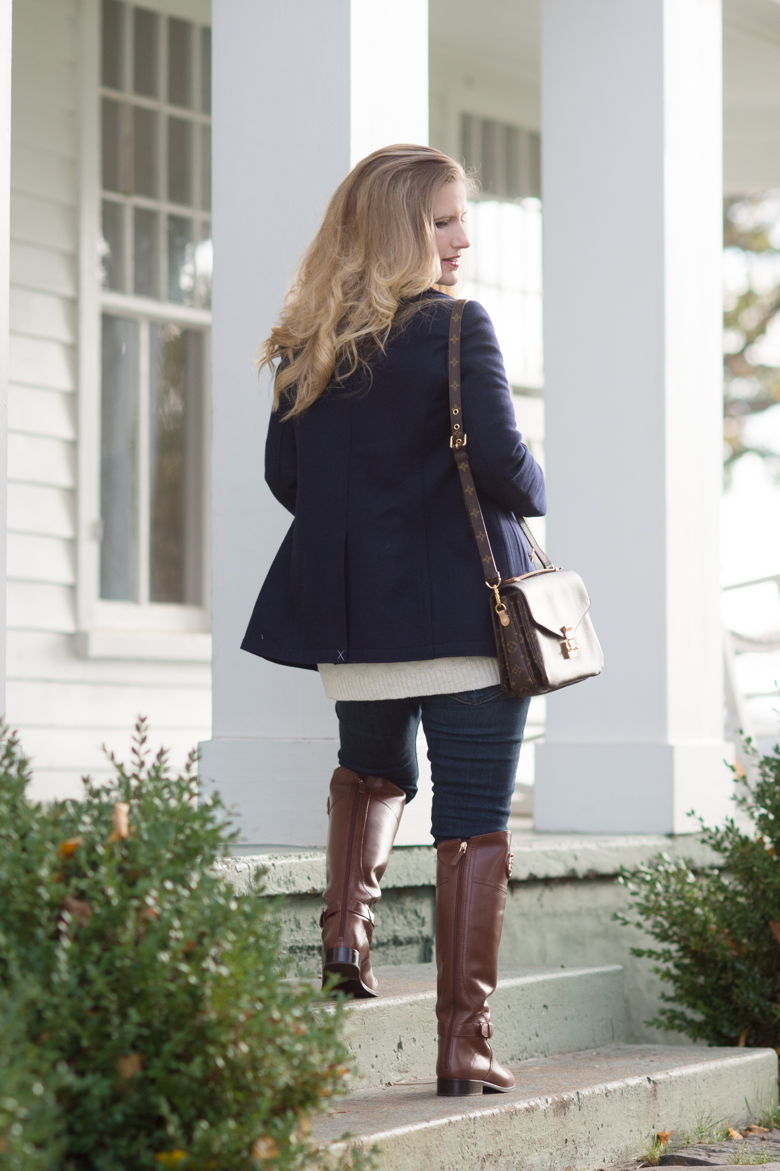 Petite Fashion and Style Blog, J.Crew Andover Peacoat, J.Crew Perfect  Shirt in Navy Plaid, Tory Burch Riding Boots