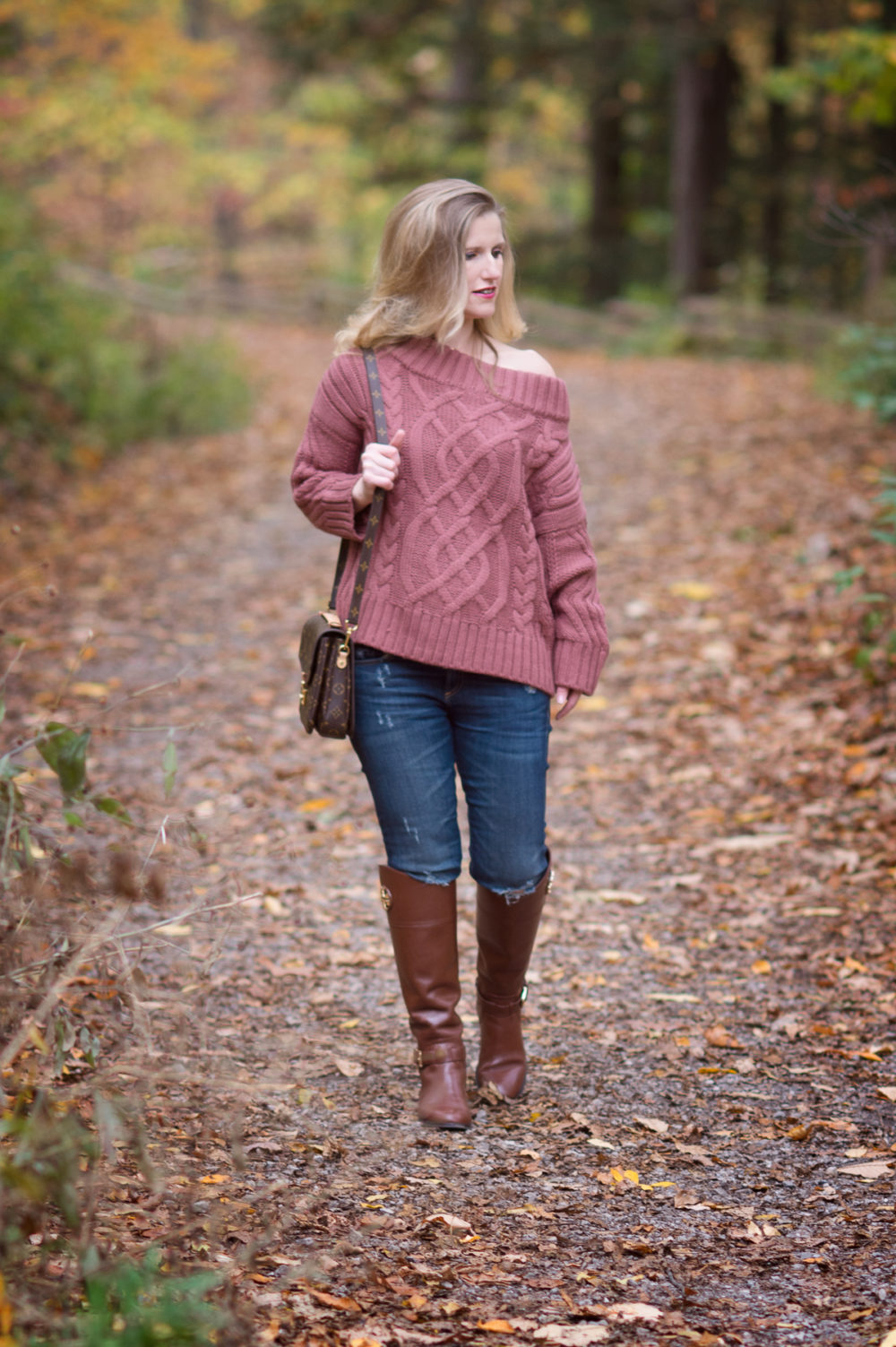 Petite Fashion and Style Blog | J.O.A. Off the Shoulder Cable Sweater | Tory Burch Riding Boots | Louis Vuitton Pochette Metis Bag | Click to Read More...