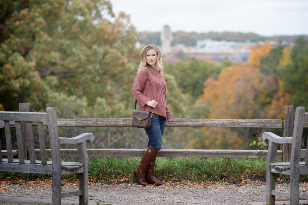 Petite Fashion and Style Blog | J.O.A. Off the Shoulder Cable Sweater | Tory Burch Riding Boots | Louis Vuitton Pochette Metis Bag | Click to Read More...