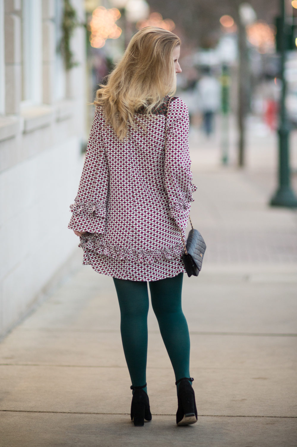 Petite Fashion and Style Blog | Sister Jane Petite Dres With Collar and Frills | Hue Super Opaque Tights | Clarks Chrysa Suede Pumps | Chanel WOC | Click to Read More...