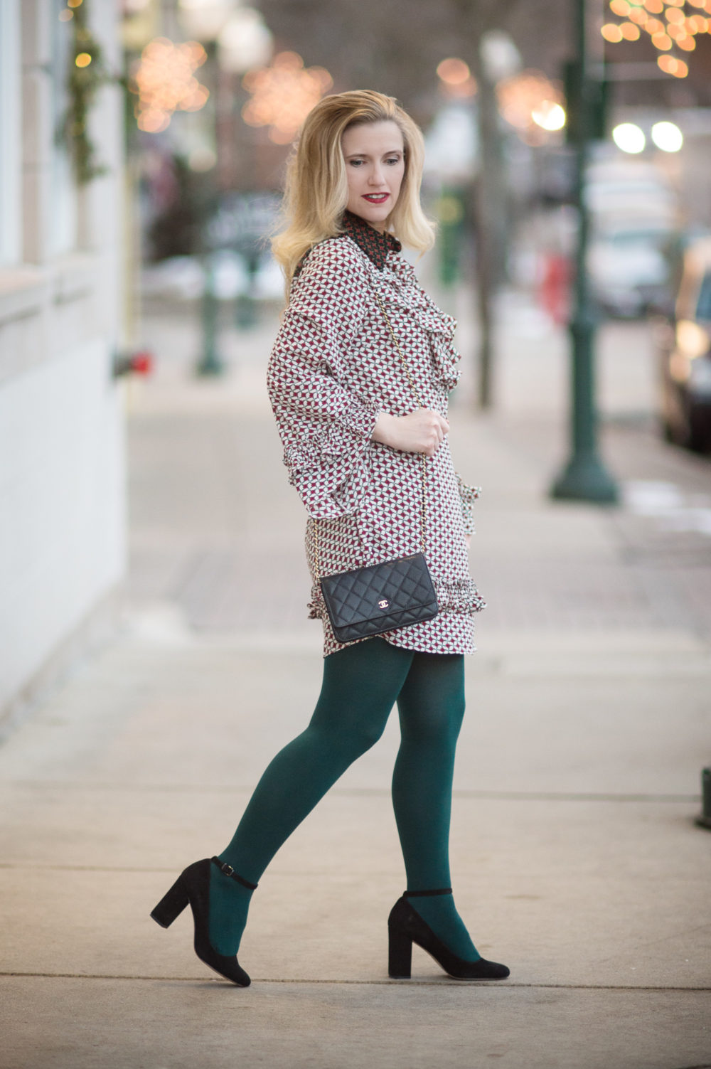 Petite Fashion and Style Blog | Sister Jane Petite Dres With Collar and Frills | Hue Super Opaque Tights | Clarks Chrysa Suede Pumps | Chanel WOC | Click to Read More...