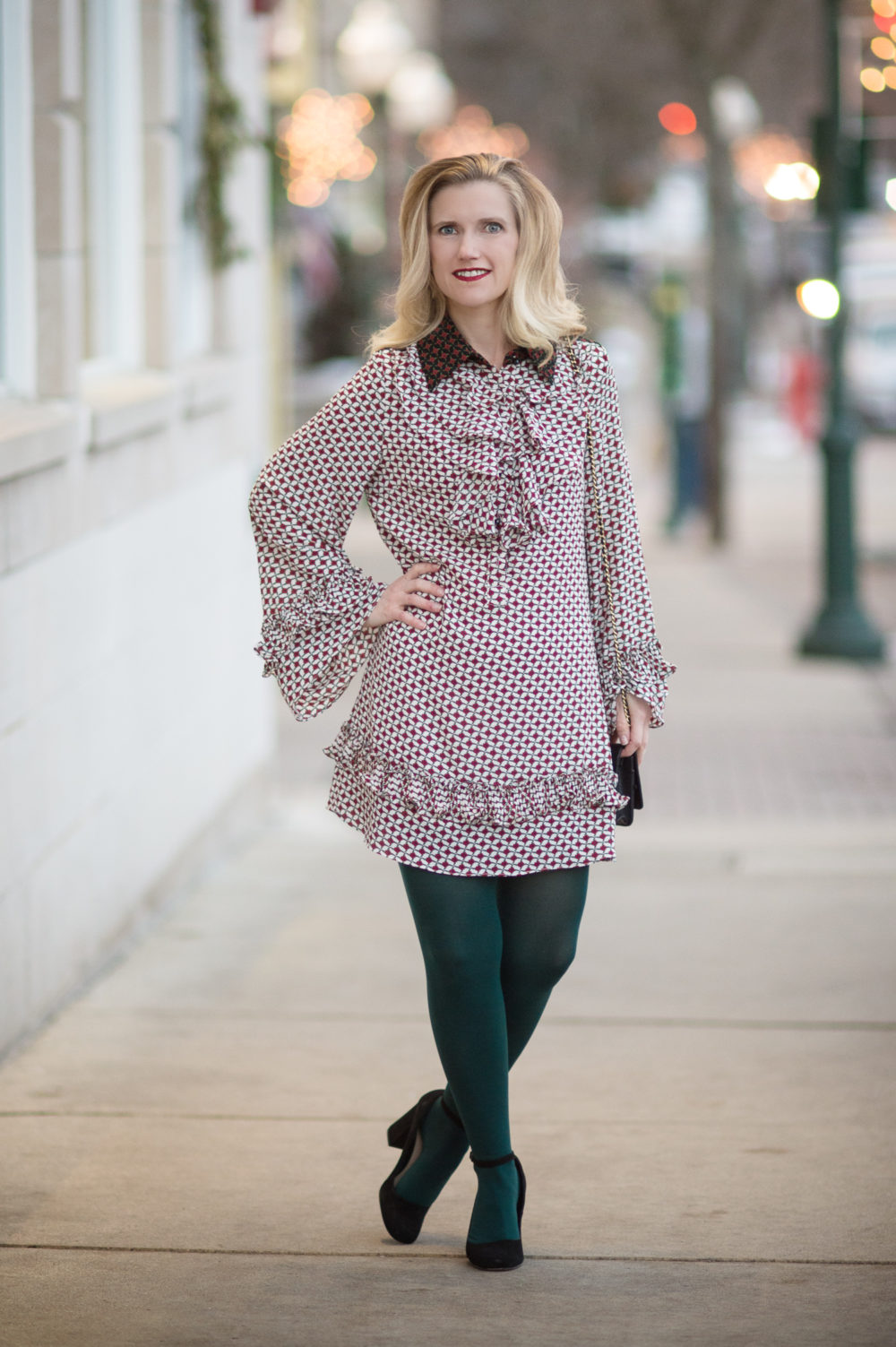 Petite Fashion and Style Blog | Sister Jane Petite Dres With Collar and Frills | Hue Super Opaque Tights | Clarks Chrysa Suede Pumps | Chanel WOC | Click to Read More...