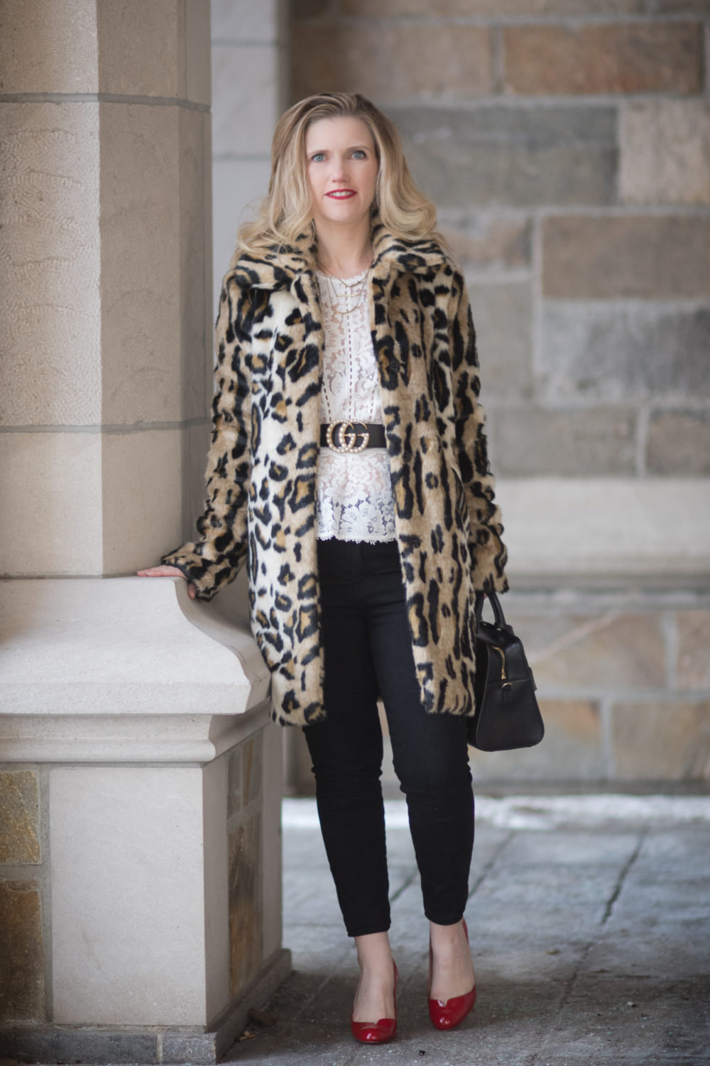 Petite Fashion Blog | Fashion for Petite Women | Kensie Leopard Coat | Gucci Double G Pearl Belt | Rebecca Taylor Lace Peplum Top | Christian Louboutin Red Heels