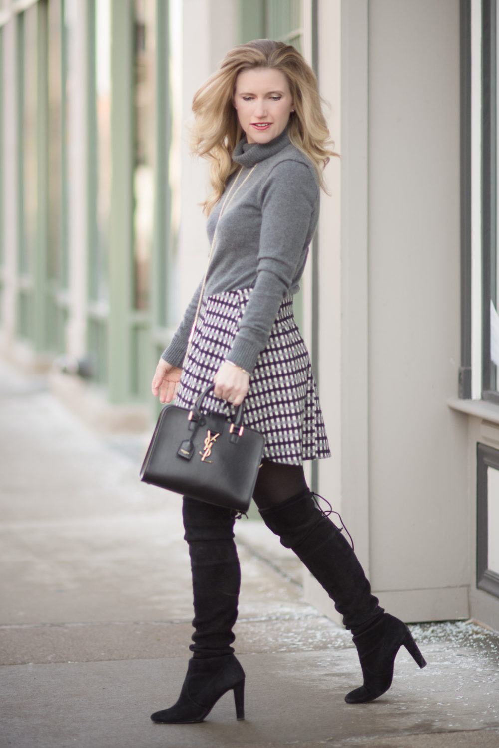 Petite Fashion and Style Blog | Fashion for Petite Women | Bloomingdale's Aqua Cashmere Turtleneck | Asos Petite Mini Flippy Skirt in Check | How To Wear Dresses in the Winter and Stay Warm