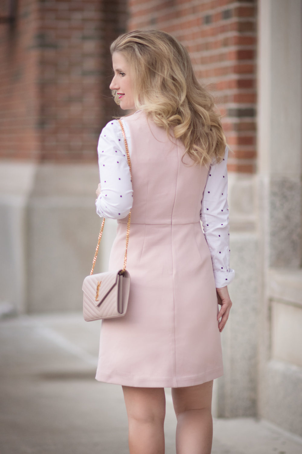 Petite Fashion and Style Blog | Fashion for Petite Women | Pink Sheath Dress | Polka Dot Blouse | YSL Wallet on Chain | How to Wear a Dress in the Winter |