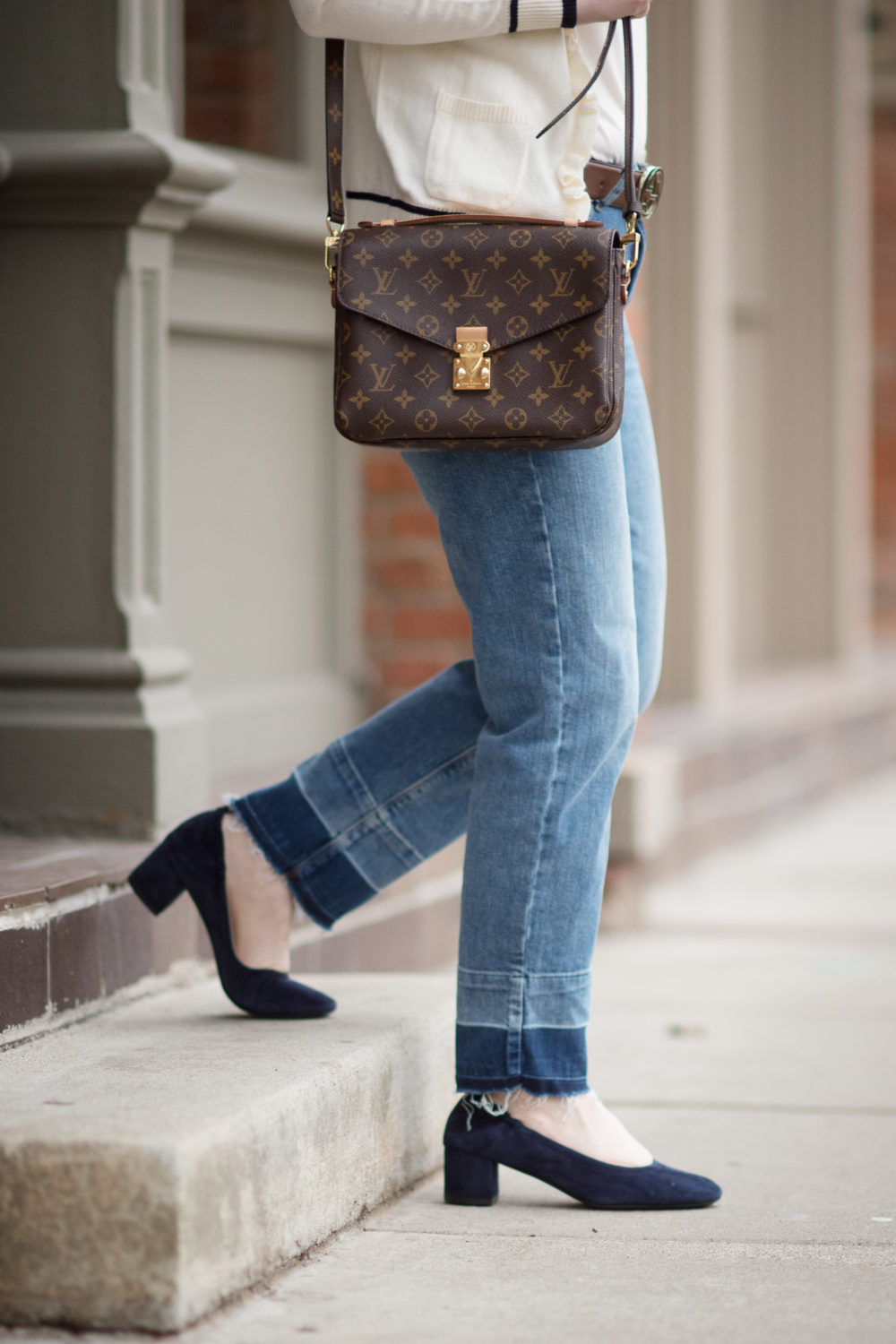 Petite Fashion and Style Blog | Fashion for Petite Women | Talbots Ruffle Front Cardigan Sweater | Gucci Double G Belt | Everlane The Day Heel | Click to Read More...