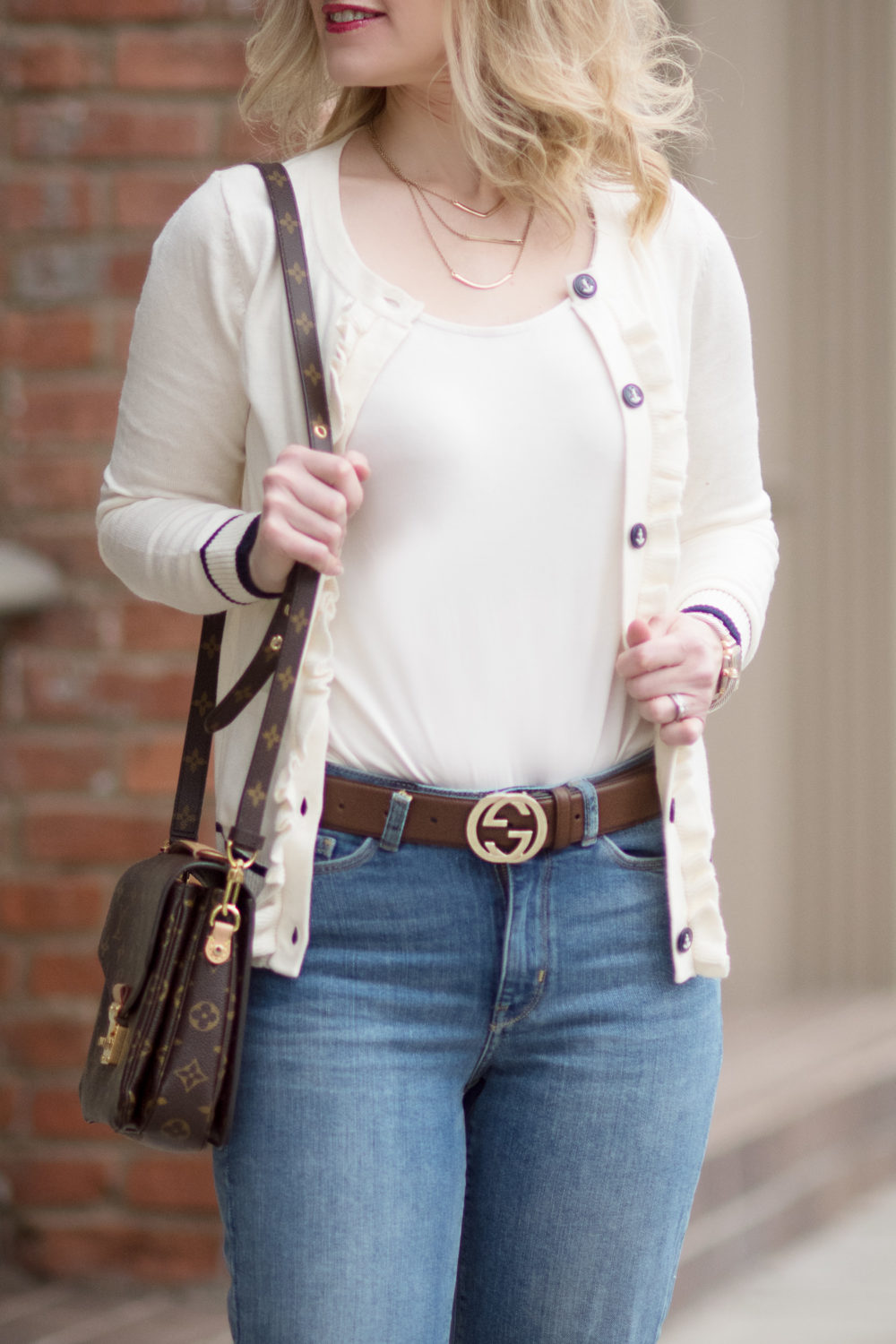 Petite Fashion and Style Blog | Fashion for Petite Women | Talbots Ruffle Front Cardigan Sweater | Gucci Double G Belt | Everlane The Day Heel | Click to Read More...