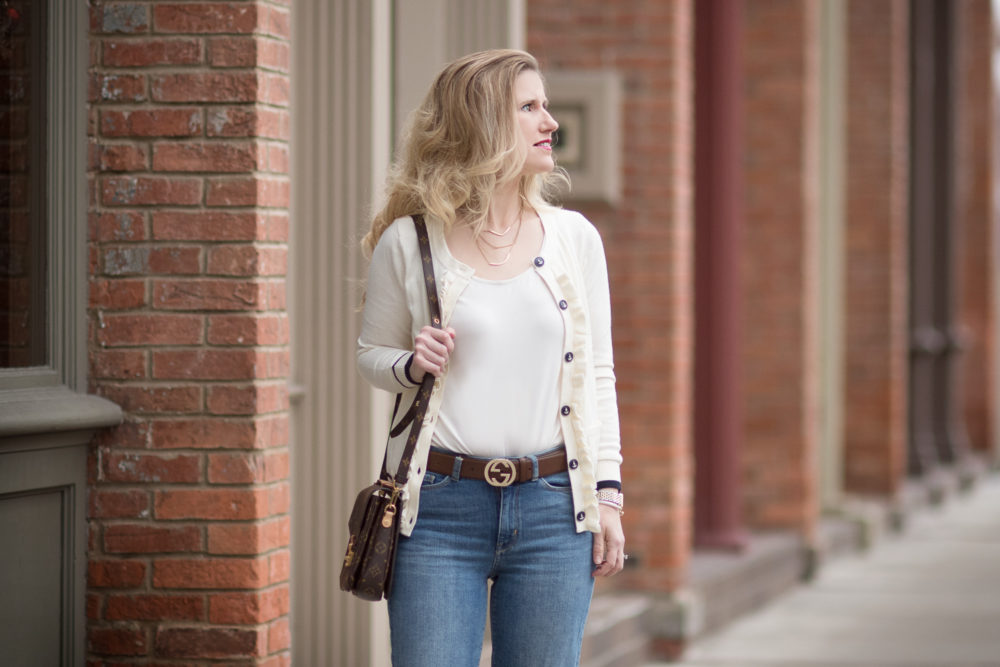 Petite Fashion and Style Blog | Fashion for Petite Women | Talbots Ruffle Front Cardigan Sweater | Gucci Double G Belt | Everlane The Day Heel | Click to Read More... - Talbots New Arrivals styled by popular Michigan petite fashion blogger The Blue Hydrangeas