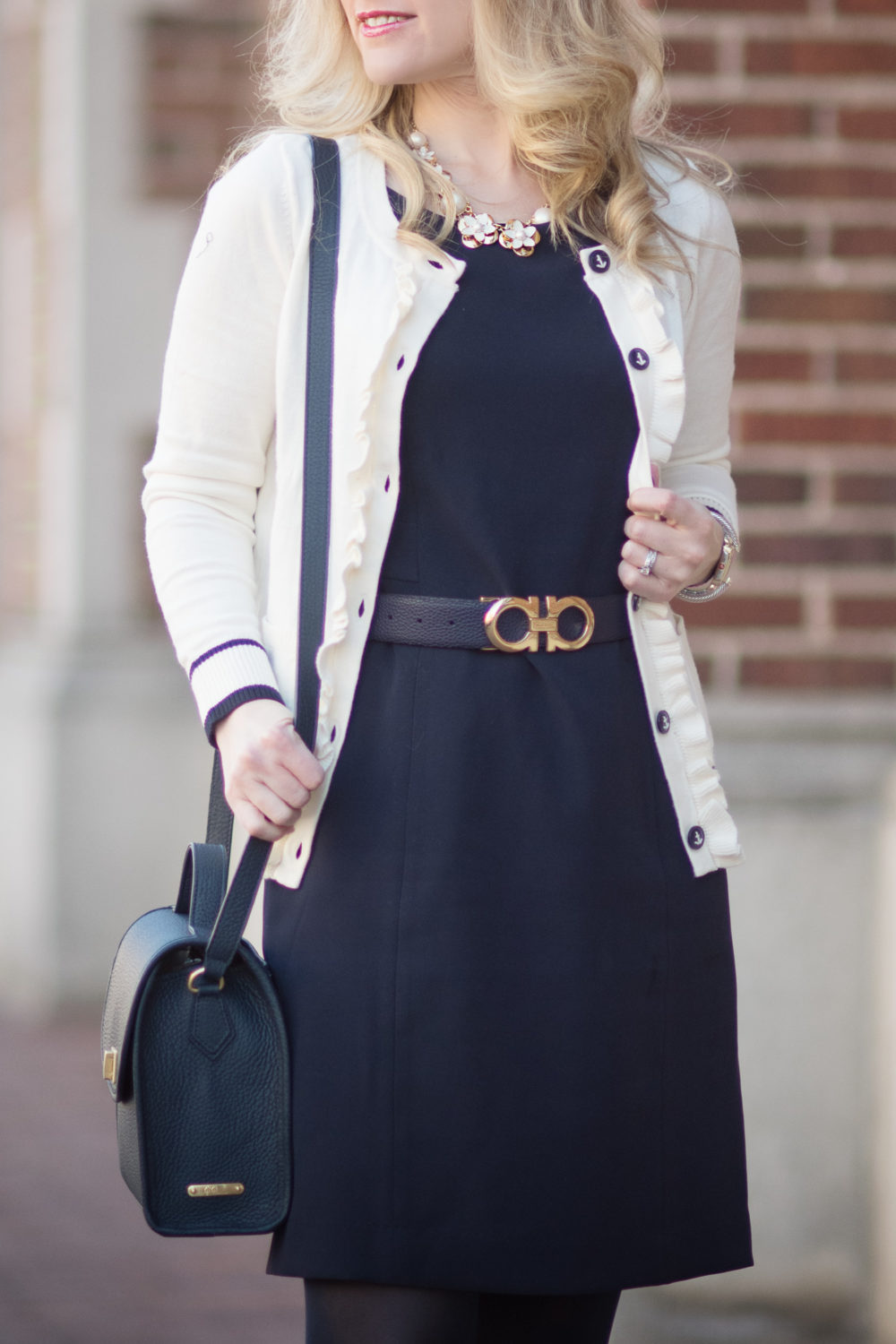 Petite Fashion and Style Blog | Fashion for Petite Women | Talbots Ruffle Front Cardigan | Talbots Lightweight Sheath Dress | Ferragamo buckle belt | Gigi New York Amelie Bag - Talbots New Arrivals styled by popular Michigan petite fashion blogger The Blue Hydrangeas