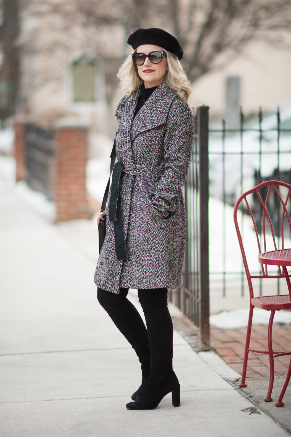 Petite Fashion and Style Blog | Fashion for Petite Women | Ann Taylor Herringbone Wrap Coat | Ferragamo Gancini Reversible Saffiano Leather Belt | Christian Louboutin Velvet Matte Lip Color