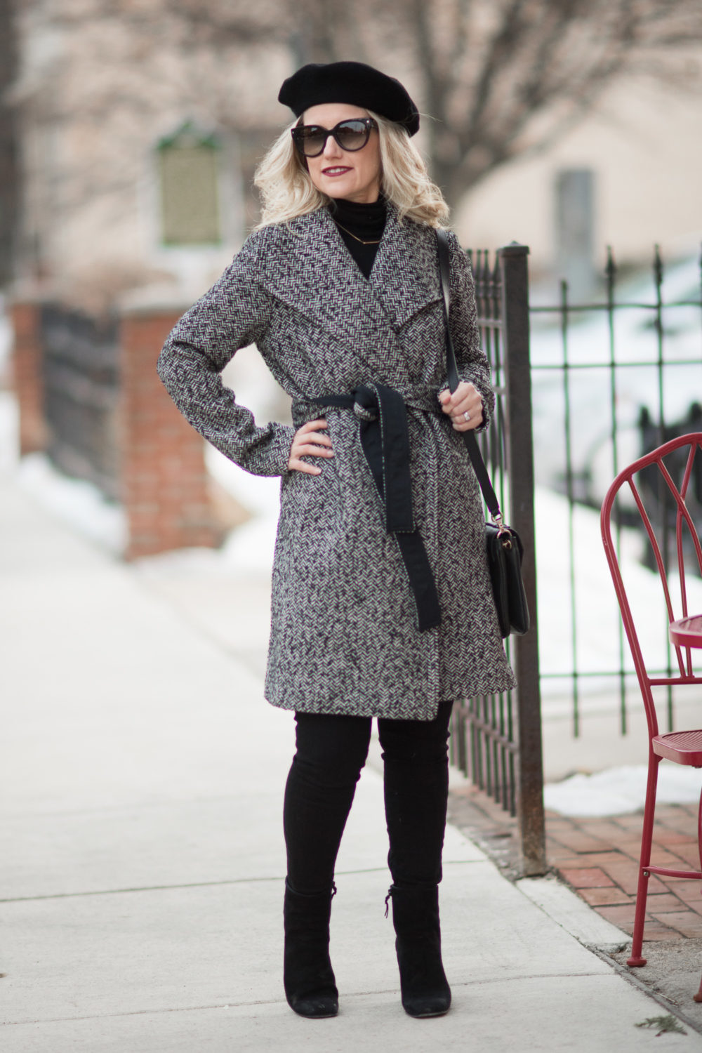 Petite Fashion and Style Blog | Fashion for Petite Women | Ann Taylor Herringbone Wrap Coat | Ferragamo Gancini Reversible Saffiano Leather Belt | Christian Louboutin Velvet Matte Lip Color