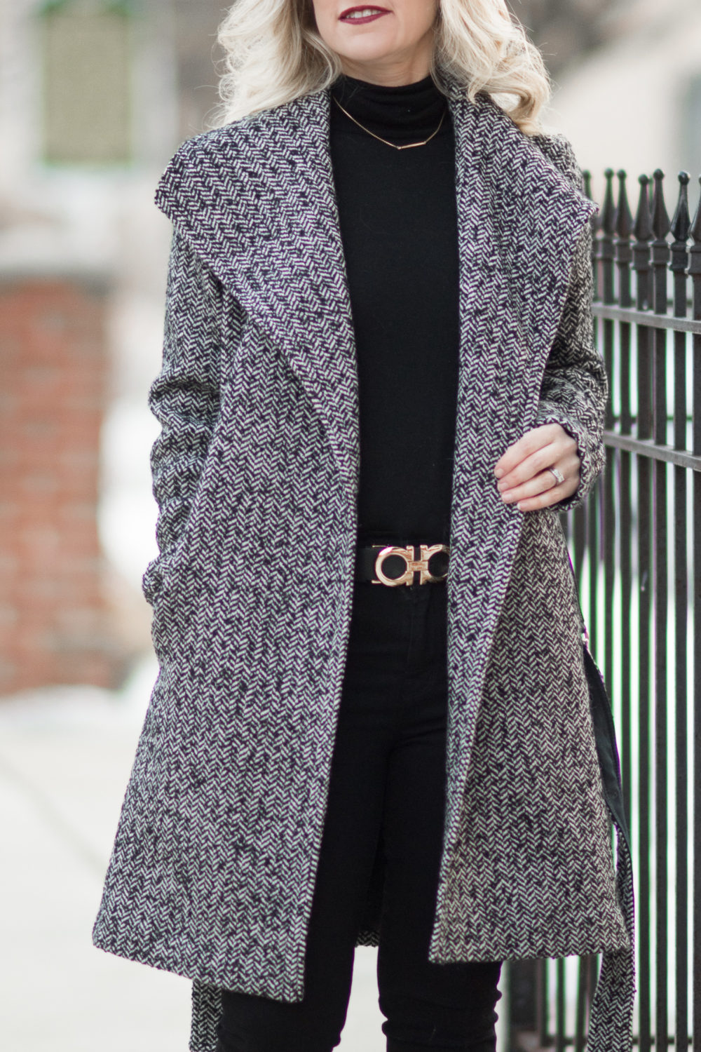 Petite Fashion and Style Blog | Fashion for Petite Women | Ann Taylor Herringbone Wrap Coat | Ferragamo Gancini Reversible Saffiano Leather Belt | Christian Louboutin Velvet Matte Lip Color