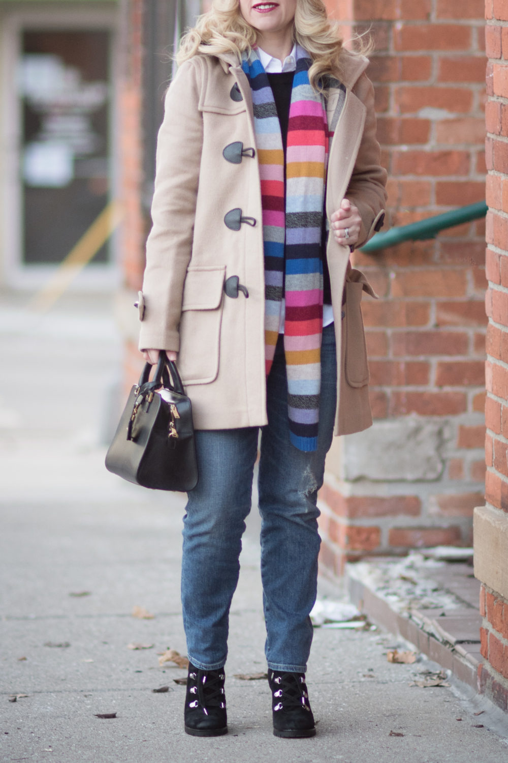 Petite Fashion and Style Blog | Fashion for Petite Women | Burberry Mercey Duffle | Sam Edelman Carolena Ankle Boot | Gap Crazy Strip Scarf | How to Fight the Winter Blues | Click to Read More...
