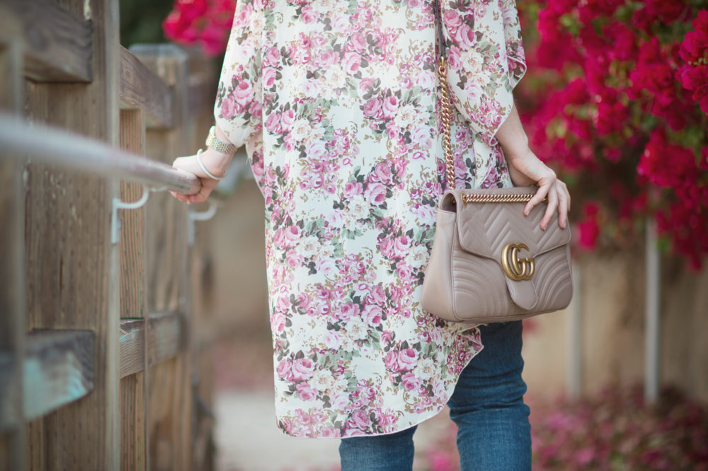 Petite Fashion and Style Blog | Fashion for Petite Women | Morning Lavender Floral Kimono | Citizens of Humanitty Cara Ankle Jeans | Gucci Belt with Interlocking G | Vince Camuto Franell Bootie