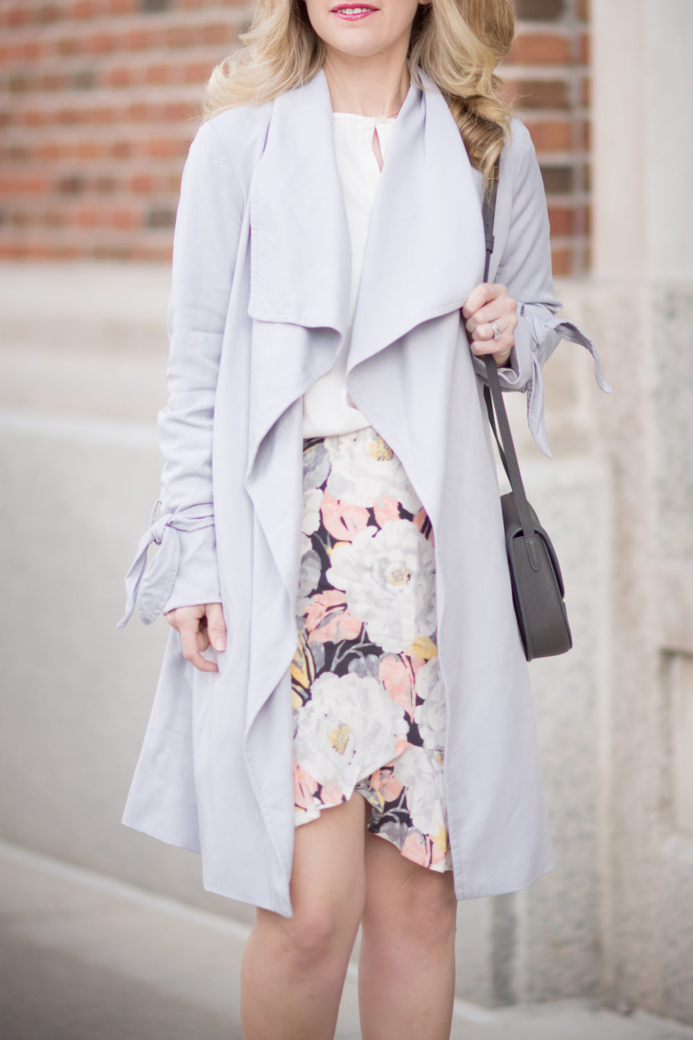 Petite Fashion and Style Blog | Club Monaco Ellayne Tie Trench | Loft Floral Flounce Skirt | Loft Bell Cuff Blouse
