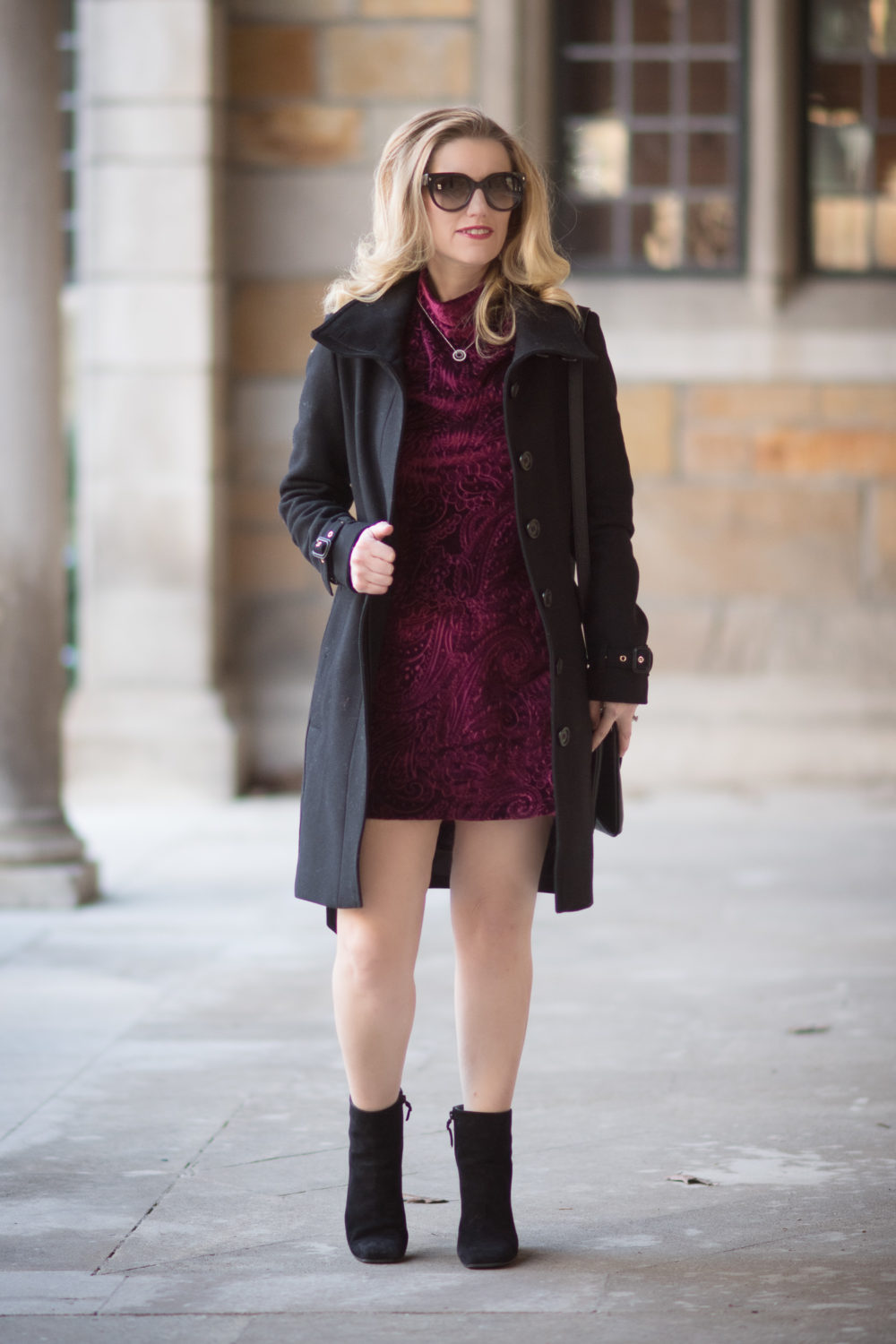 Petite Fashion and Style Blog | Fashion for Petite Women | Aqua Embossed Paisley Velvet Dress | Demellier Mini Berlin Bag