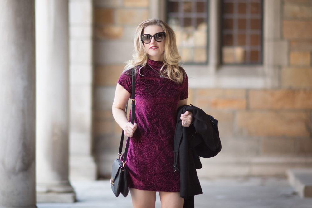 Petite Fashion and Style Blog | Fashion for Petite Women | Aqua Embossed Paisley Velvet Dress | Demellier Mini Berlin Bag