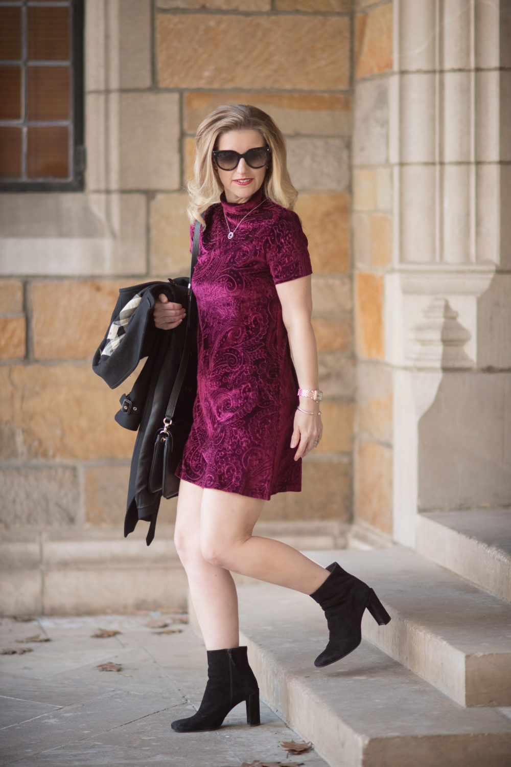 Petite Fashion and Style Blog | Fashion for Petite Women | Aqua Embossed Paisley Velvet Dress | Demellier Mini Berlin Bag