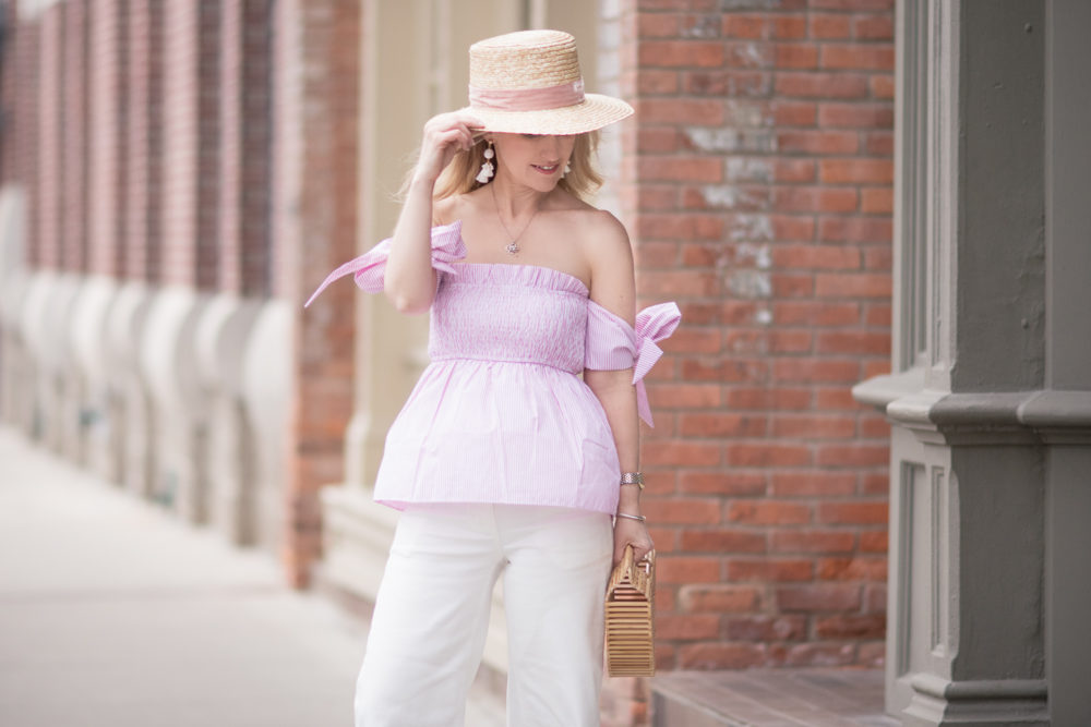 &nbsp;&nbsp;Michigan Petite Fashion and Lifestyle Blog | English Factory Off Shoulder Smocked Top | Everlane Wide Leg Crop Pant | Cult Gaia Gaia's Ark