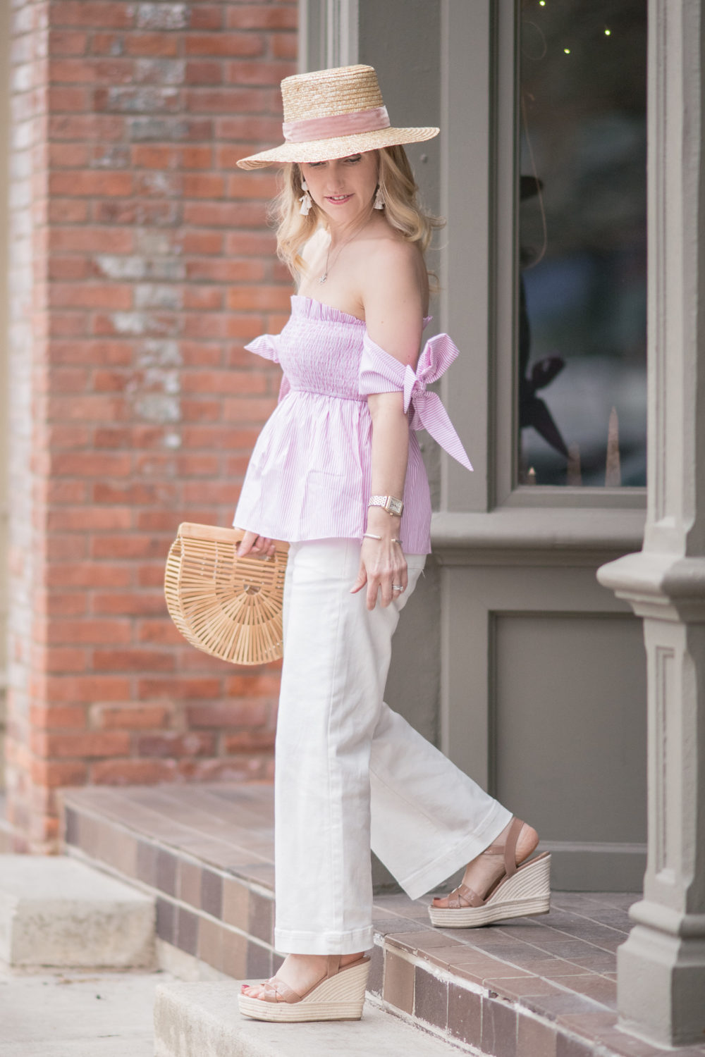 &nbsp;&nbsp;Michigan Petite Fashion and Lifestyle Blog | English Factory Off Shoulder Smocked Top | Everlane Wide Leg Crop Pant | Cult Gaia Gaia's Ark