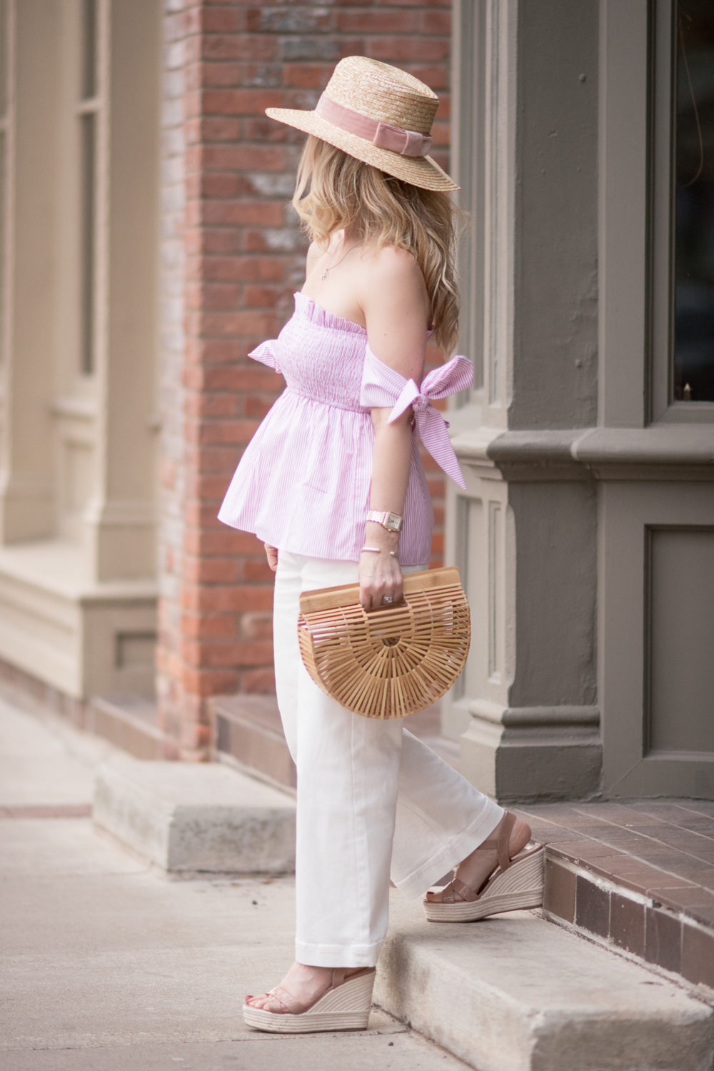 &nbsp;&nbsp;Michigan Petite Fashion and Lifestyle Blog | English Factory Off Shoulder Smocked Top | Everlane Wide Leg Crop Pant | Cult Gaia Gaia's Ark